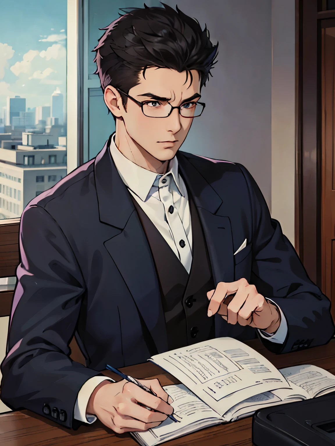 (best quality,4k,8k,highres,masterpiece:1.2), ultra-detailed,high resolution, anime, young male bank clerk, wearing a suit, black hair, short hair, wearing glasses, intense gaze, close-up shot, urban cityscape in the background.