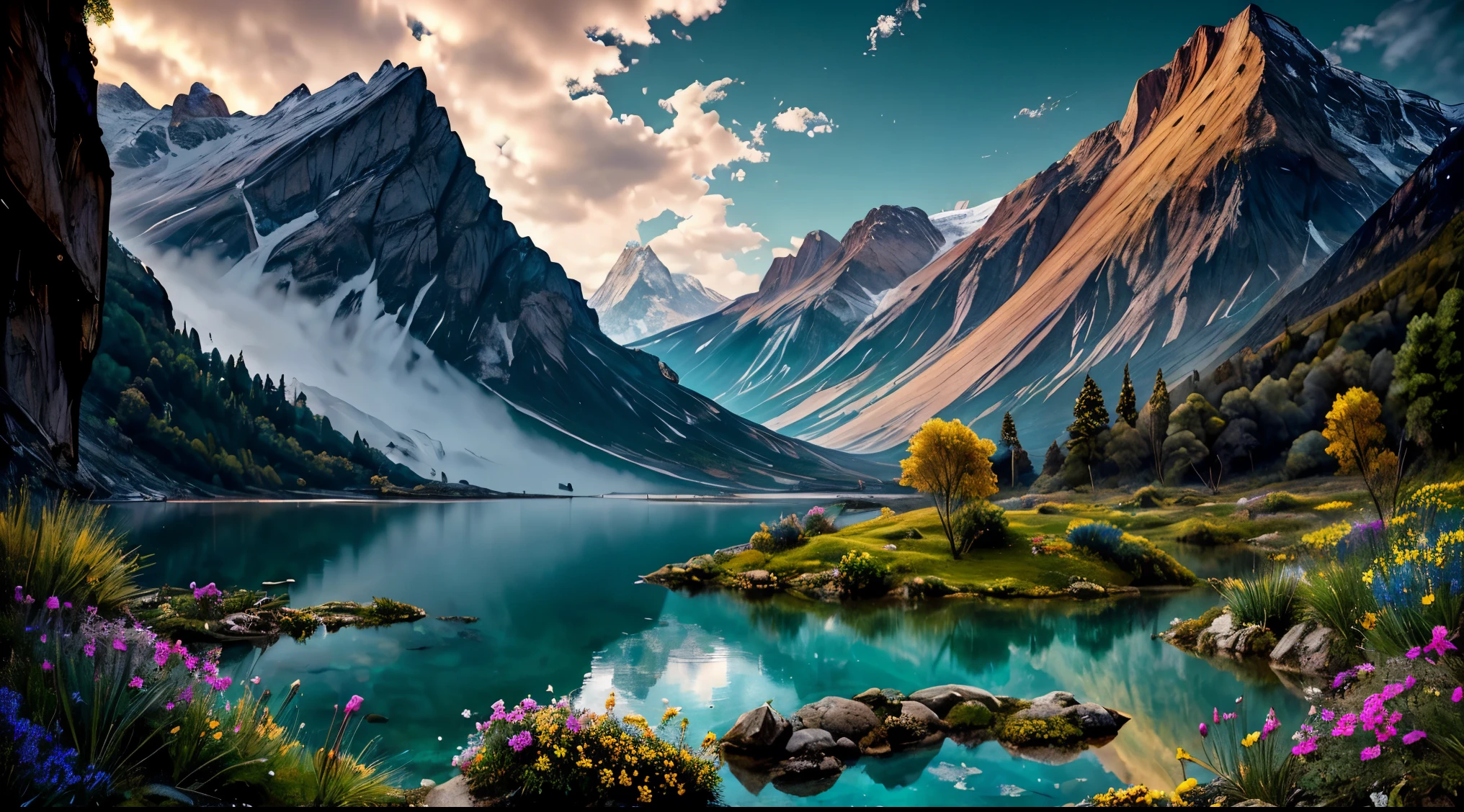 photo image, a mountainous landscape , un lago , Beautiful and Aesthetic, hora dorada rosa suave, crepusculo,, flores al aire libre, nature and floral aesthetics, beautiful images, Fantastic aesthetics, Arte de Alberto Severo, salpicaduras y gotas congeladas multicolores, dream, Pintura digital surrealista , brillos tornasolados, efectos 3D, Ultra HD(obra maestra: 1.6, mejor calidad), (ojos hermosos y detallados finos: 1.2), (fondo de pantalla CG unidad 8k extremadamente detallado, obra maestra, Super detailed, mejores sombras), (fondo detallado), alto contraste, (better lighting, extremadamente delicada y hermosa), ((salpicadura de pintura de color sobre fondo transparente, Dulux,)), ((Caustic) ), angles dynamic, hermoso brillo de detalle,