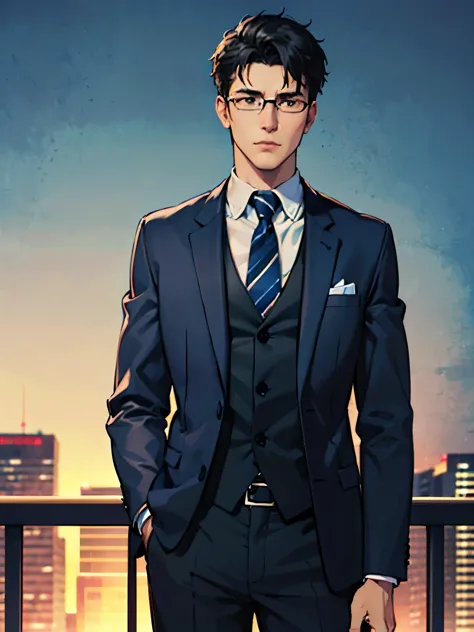 (best quality,4k,8k,highres,masterpiece:1.2), ultra-detailed,high resolution, anime, young male bank clerk, wearing a suit, blac...