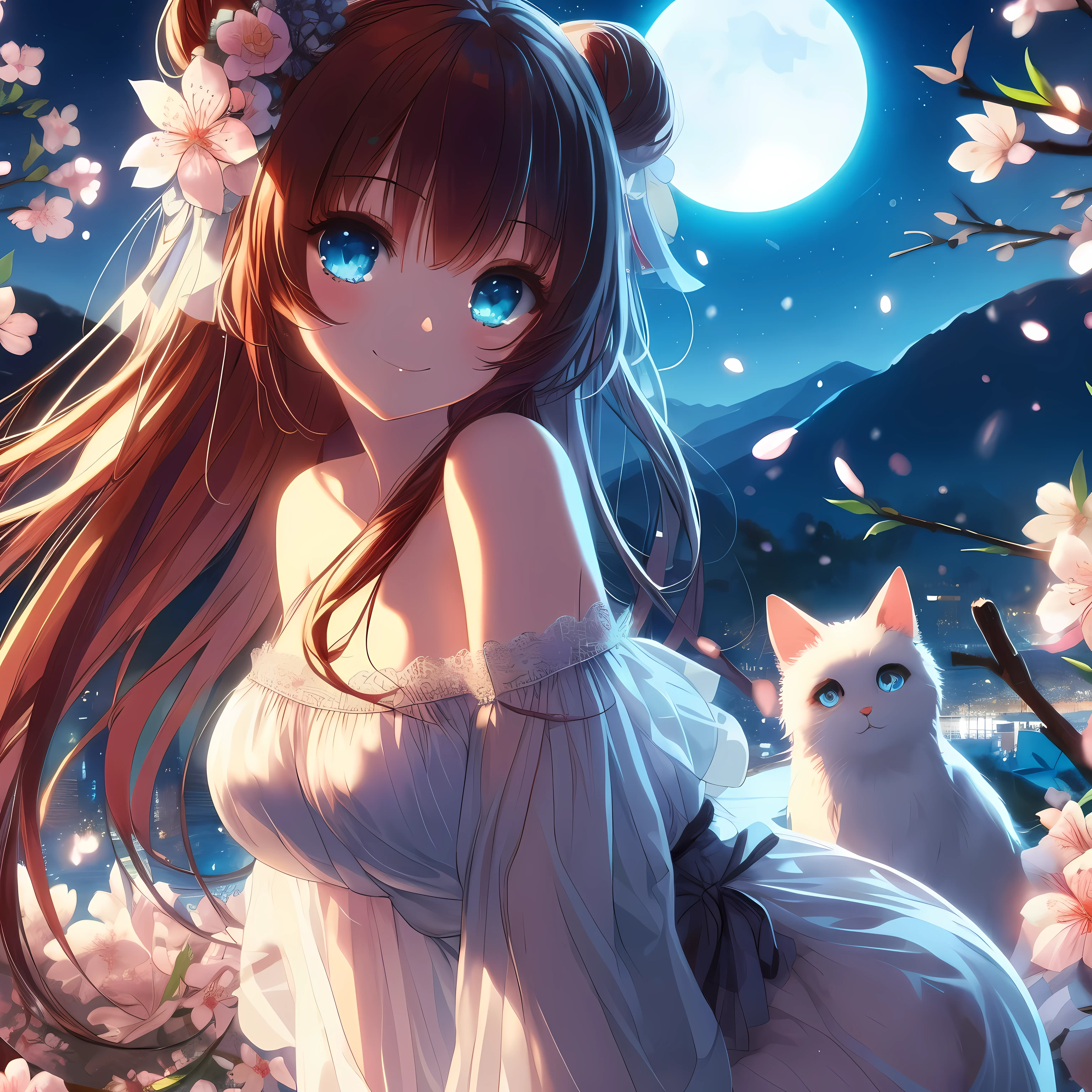 anime girl，long hair，blue eyes，Holding a white cat, anime style 4 k, very Beautiful anime cat girl, Beautiful anime catgirl, night nucleus, Anime Art Wallpaper 4k, Beautiful anime, Beautiful anime girl, Anime Art Wallpaper 4k, anime wallpaper 4k, anime wallpaper 4k, 4k anime wallpaper, beautiful anime style, anime style. 8k