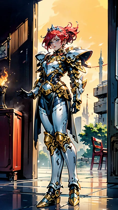 a woman adorned in fantasy-style full-body armor, a crown-concept fully enclosed helmet that unveils only her eyes, a composite ...