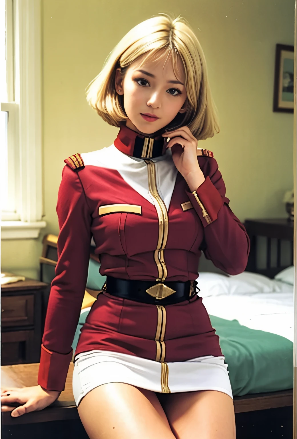 real photos、Highest image quality、real image、federal army uniform、Frau Bow、cute girl、18-year-old、（white panties:1.3）、super mini skirt、beautiful thighs、white panties、赤いミニスカートがめくれてwhite pantiesが見えてる