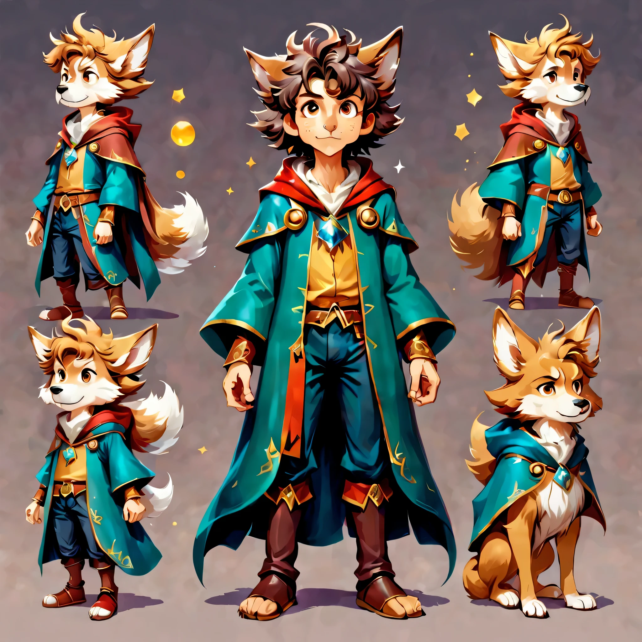 Create a design sheet for your original character,anime main character,boy,wizard,natural perm,my partner is a wolf,((design sheet,Orderly columns,3 views,whole body, background,multiple views,High resolution)),be familiar with,multiple views,Active,action pose,dynamic,nice,cute,masterpiece,highest quality,In detail,gracefully,sketch,sketch,Rough sketch,propose,explanation,under consideration,