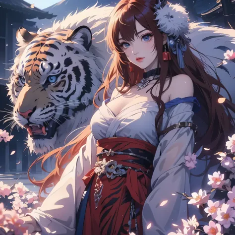 Anime girl with blue eyes and tiger, anime style 4k, Anime Art Wallpaper 4k, anime art wallpaper 4k, 4k comic wallpaper, 4k anim...