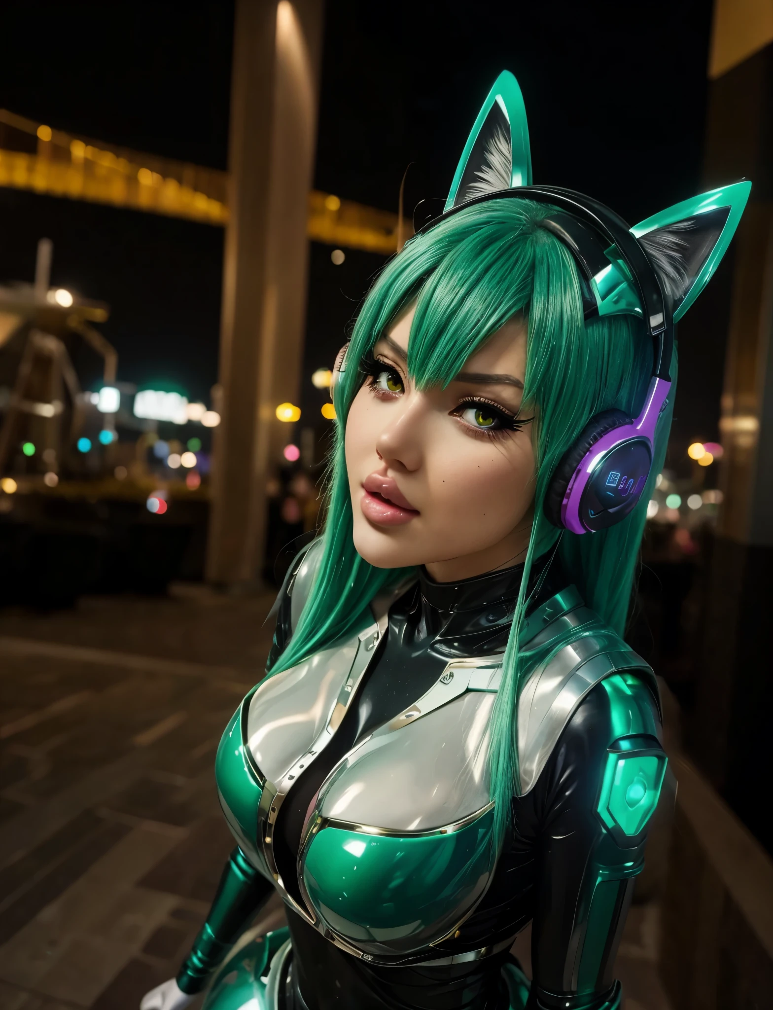 há uma mulher com cabelo verde e fones de ouvido, orelhas de gato de metal e olhos brilhantes, Anime Cosplay, Tatsumaki de One Punch Man, anime catgirl, estilo anime misturado com fujifilm, Nekomimi, raposa verde digital, cosplay profissional, cosplay de anime, Mulher com orelhas de gato, usando fones de ouvido de gato, brilho cyberpunk brilhante, Foto Cosplay, Tatsumaki