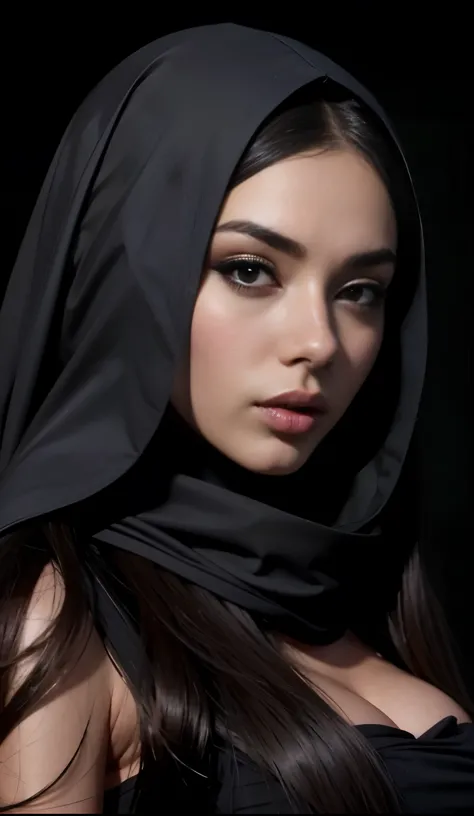 portrait of a beautiful veiled western girl with long hair, with beautiful exotic, wrapped in a black scarf, with black, dressed...