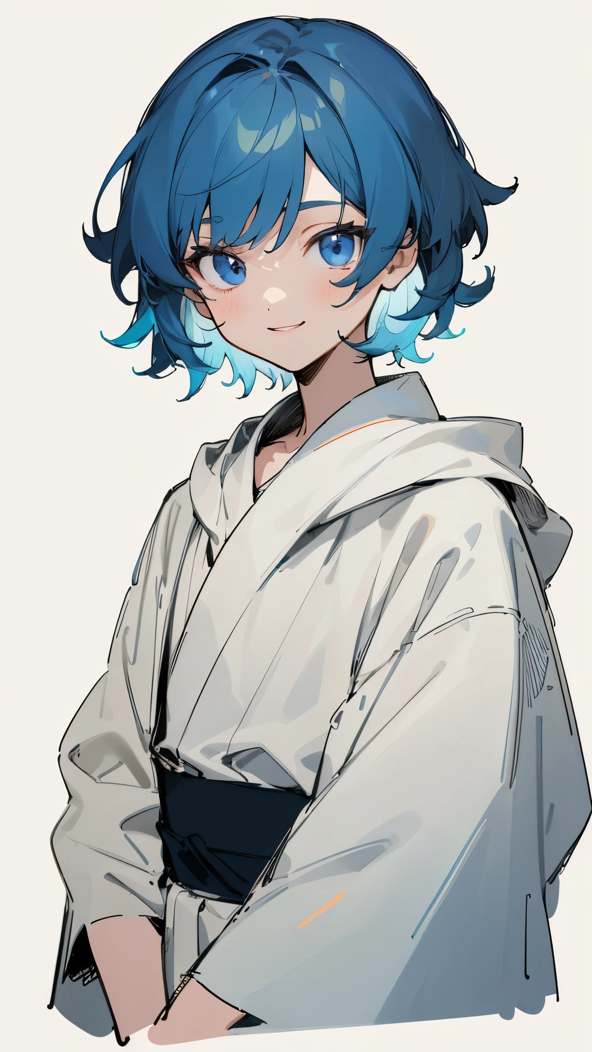 1 girl、straight、Upper body、solo、Short hair like a boy、dark blue hair、Light blue hair band:1.2、blue eyes、smile、robe blanche、line drawing、simple background、white background