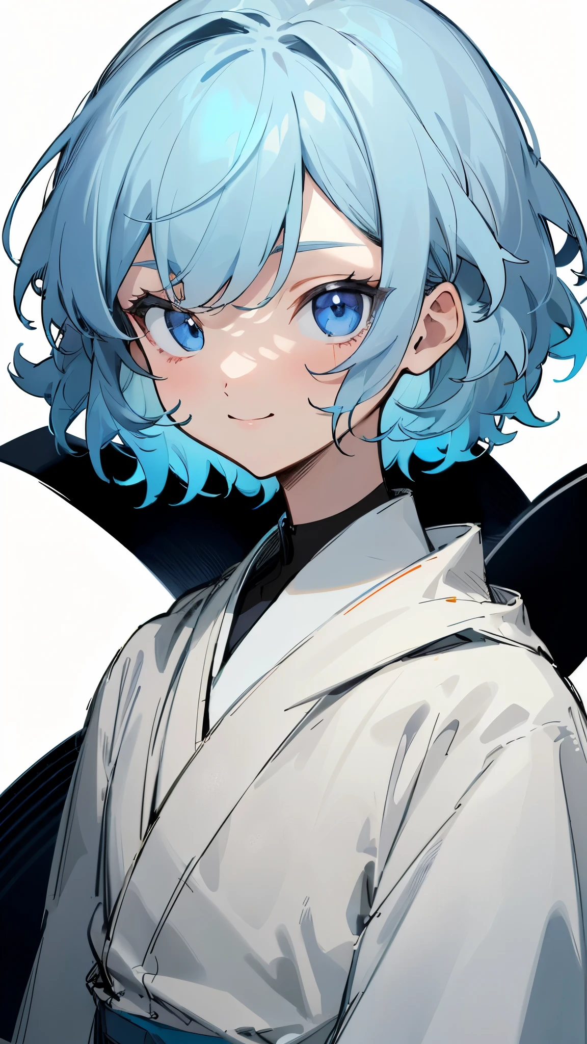 1 girl、straight、Upper body、solo、Short hair like a boy、dark blue hair、Light blue hair band:1.2、blue eyes、smile、robe blanche、line drawing、simple background、white background