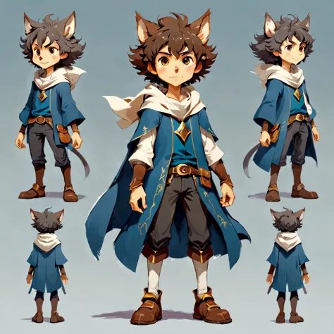 オリジナルキャラクターのdesign sheetを作成します,anime main character,boy,wizard,natural perm,my partner is a wolf,((design sheet,Orderly columns,...
