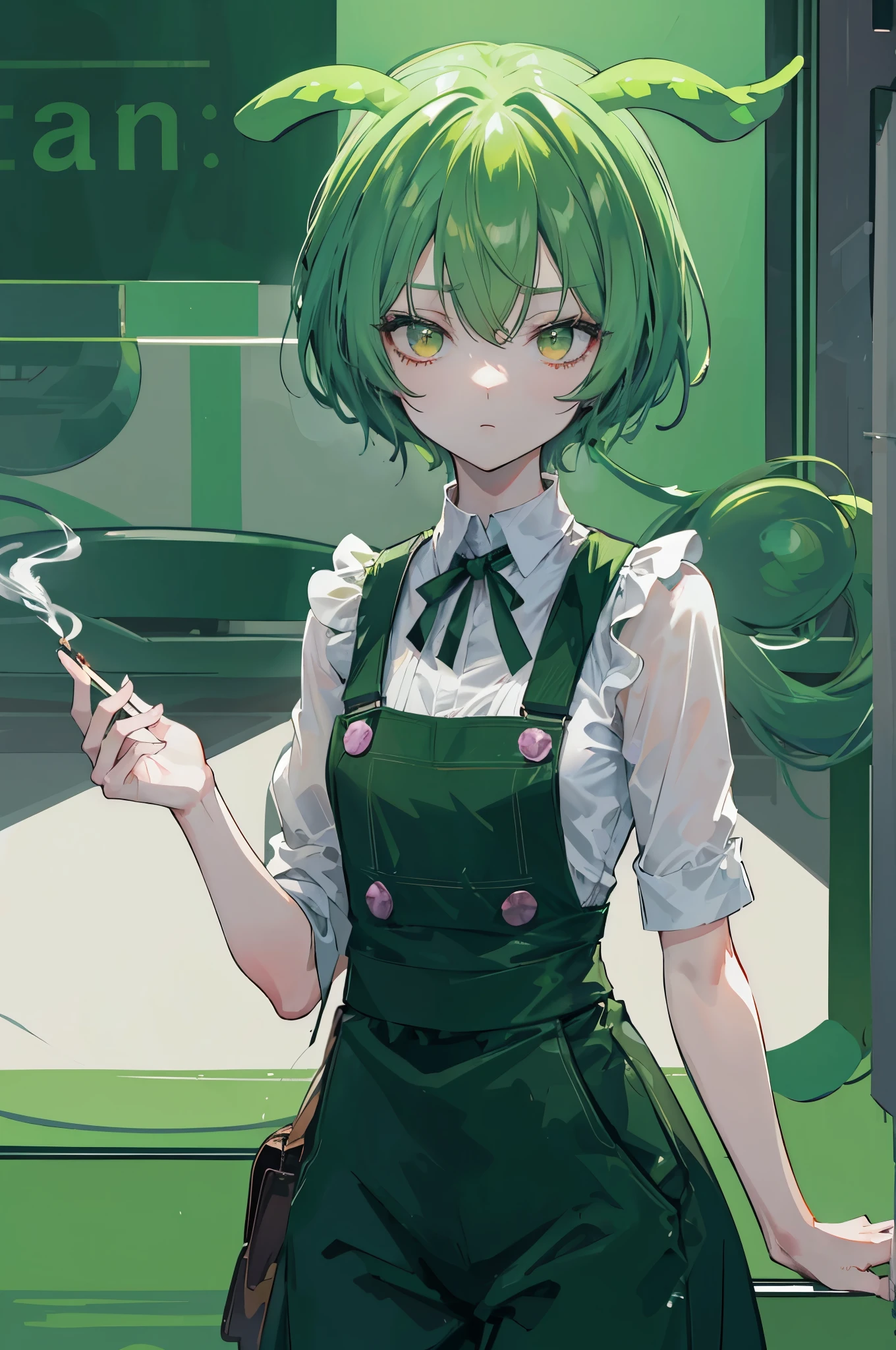 high quality, (figure:1.2), (super detailed), dark green hair,eyes are yellow,white shirt,green overalls, I&#39;m in a bright city, At night, he is smoking a cigarette,high contrast, (best illumination, very delicate and beautiful), ((cinematic light))