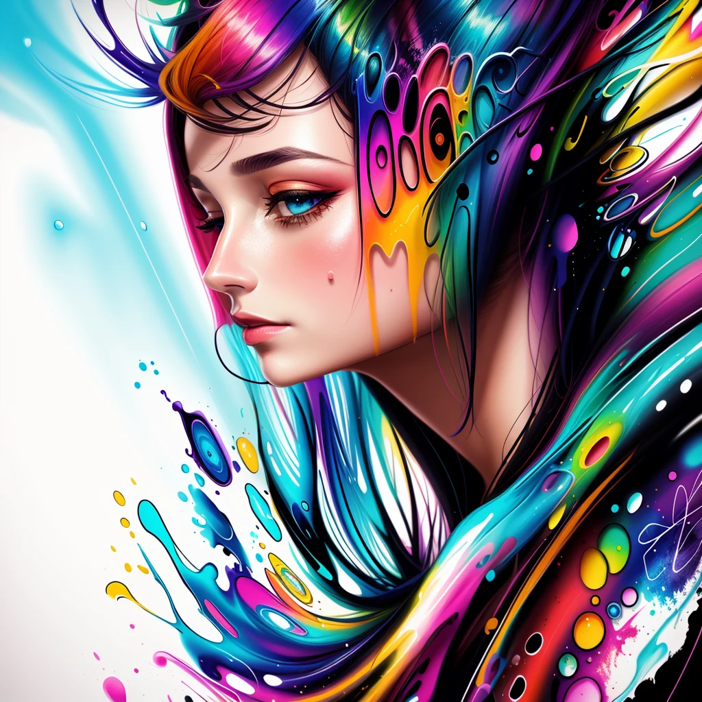 uma mulher com tinta colorida no rosto e no cabelo, gotejamento com cor, arte colorida bonita!, lindo arte digital, Pintura de Arte, Bela arte UHD 4K, retrato abstrato, arte colorida, linda arte digital linda, Arte de Alessandro Pautasso, rosto submerso em óleos coloridos, pintura colorida, Belo retrato fluido acrílico, tinta colorida, arte digital impressionante, arte colorida