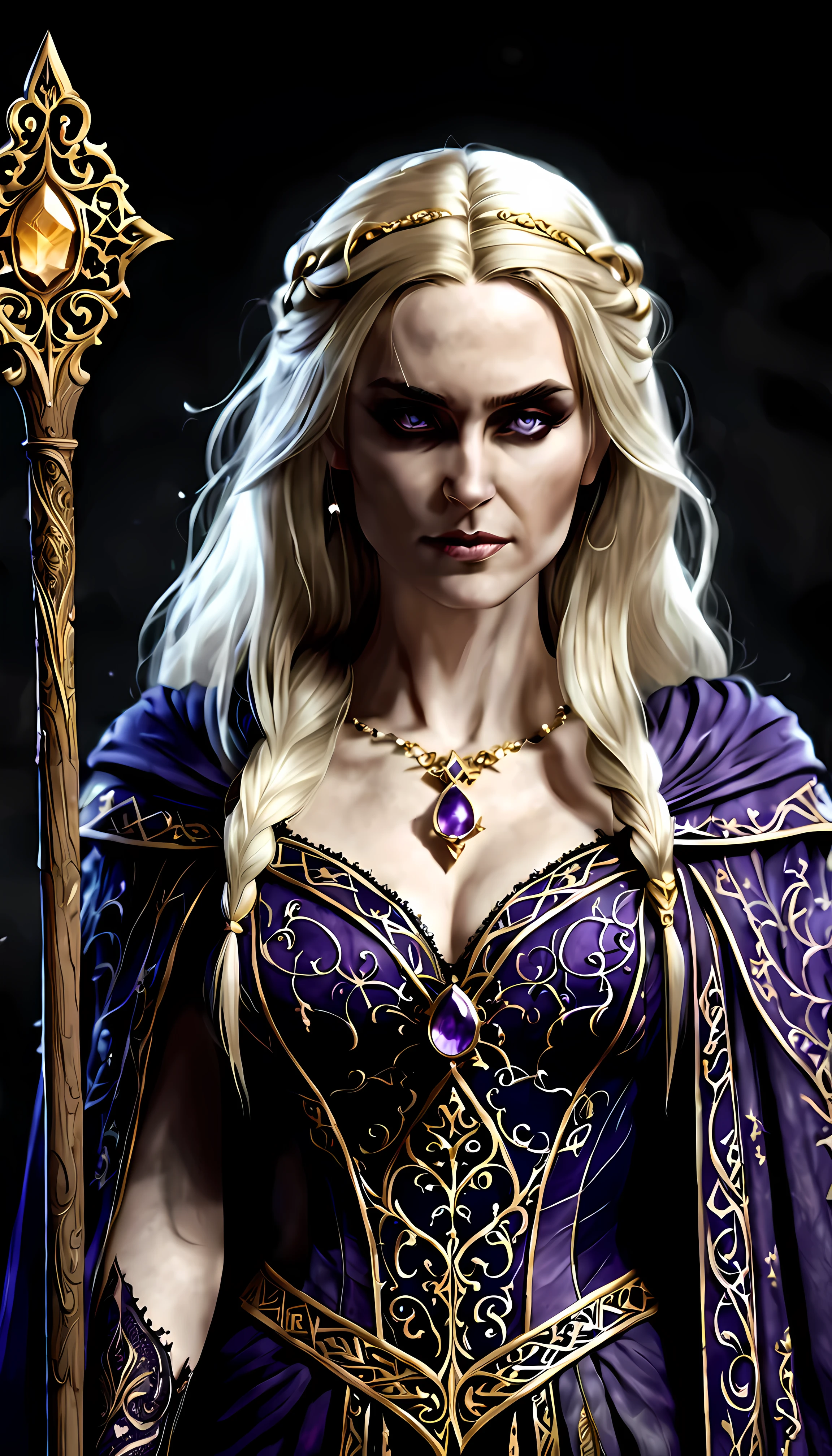 (sketch_sheet), front view of stunning Morgana, a cunning gothic witch with flowing blonde hair, her amethyst robe has intricate lace patterns and embroidery, holding a wooden magic staff with intricate carvings and a glowing crystal on top, deep blue eyes, golden ration, sharp focus, dynamic, cinematic, magical, masterpiece in maximum 16K resolution, superb quality. | ((More_Detail))