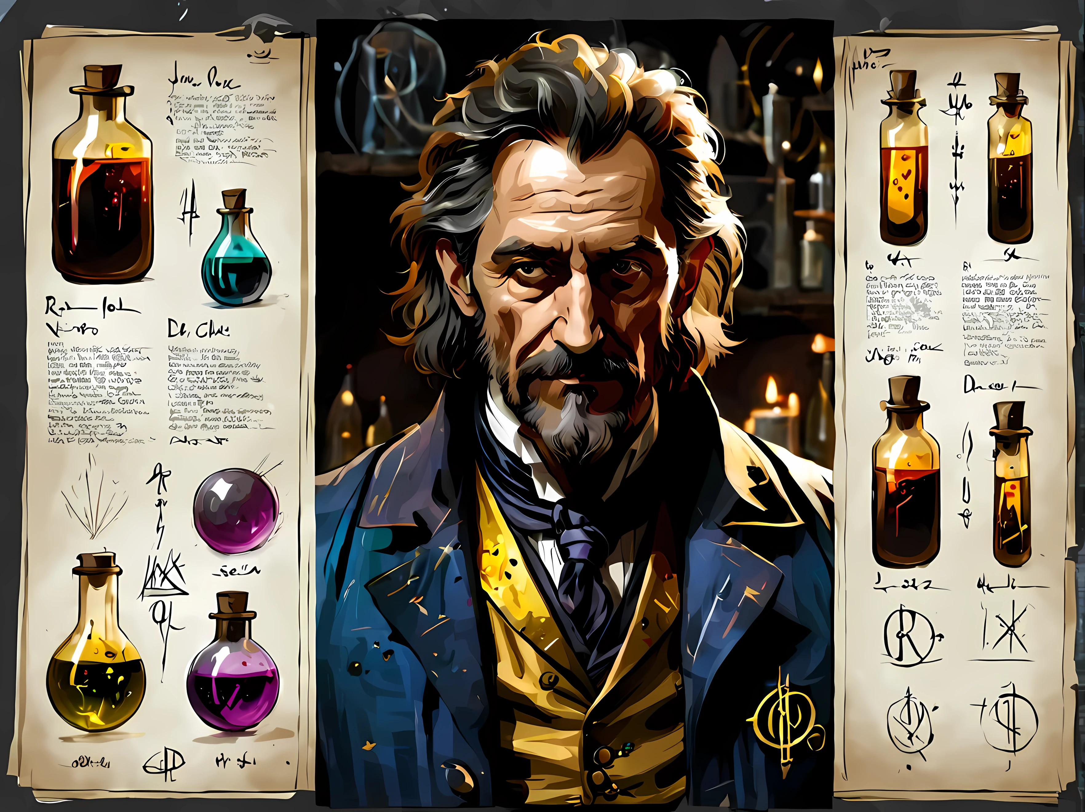 (sketch_sheet), front view of eccentric Dr. Lucian, a mysterious alchemist unkempt hair that falls in dark tangles around his face, wearing a tattered stained lab coat that drapes loosely over his tall and thin body, alchemical attire, a vest adorned with numerous vials filled with glowing liquids of various colors, golden ration, sharp focus, dynamic, cinematic, magical, masterpiece in maximum 16K resolution, superb quality. | ((More_Detail))