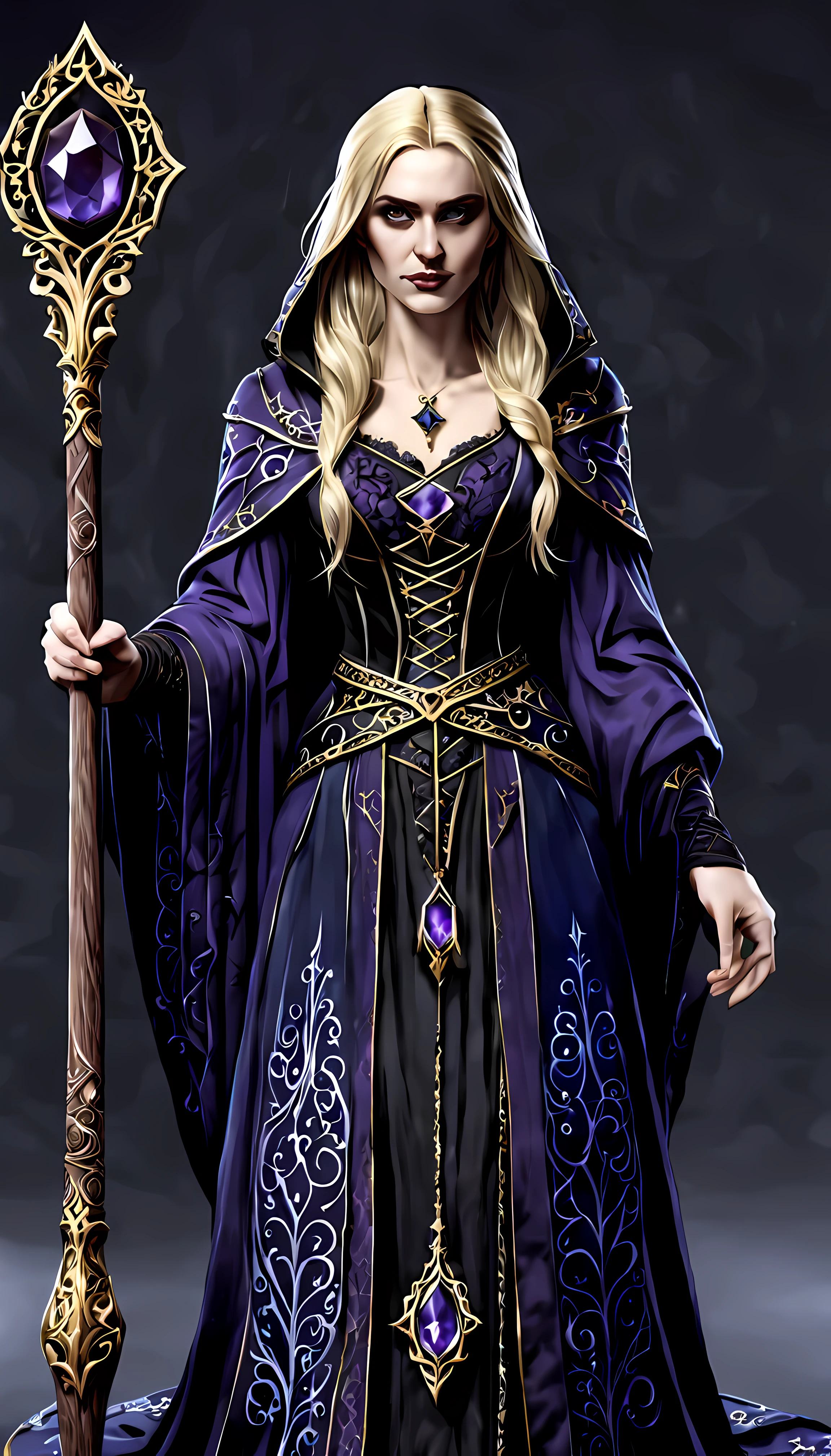 sketch_sheet, front view of stunning Morgana, a cunning gothic witch with flowing blonde hair, her amethyst robe has intricate lace patterns and embroidery, holding a wooden magic staff with intricate carvings and a glowing crystal on top, deep blue eyes, golden ration, sharp focus, dynamic, cinematic, magical, masterpiece in maximum 16K resolution, superb quality. | ((More_Detail))