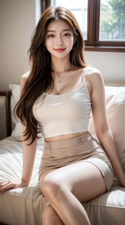 best quality,8k, Detailed facial depictions, Detailed eye description, Brown hair(long wavyhair),beautiful korean girl, 21 years old, Taking off your underwear, bare-breasted, slim body, medium chest size, standing legs crossed, Smiling face, Colorful earr...