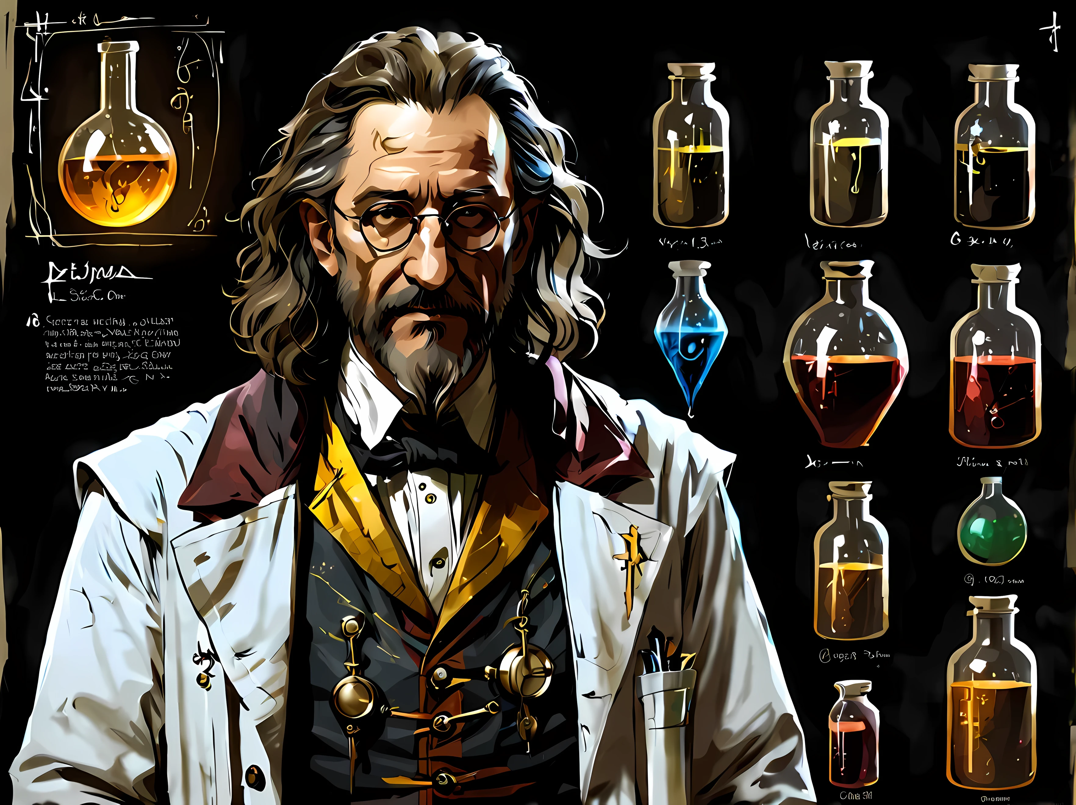 sketch_sheet, front view of eccentric Dr. Lucian, a mysterious alchemist unkempt hair that falls in dark tangles around his face, wearing a tattered stained lab coat that drapes loosely over his tall and thin body, alchemical attire, a vest adorned with numerous vials filled with glowing liquids of various colors, golden ration, sharp focus, dynamic, cinematic, magical, masterpiece in maximum 16K resolution, superb quality. | ((More_Detail))