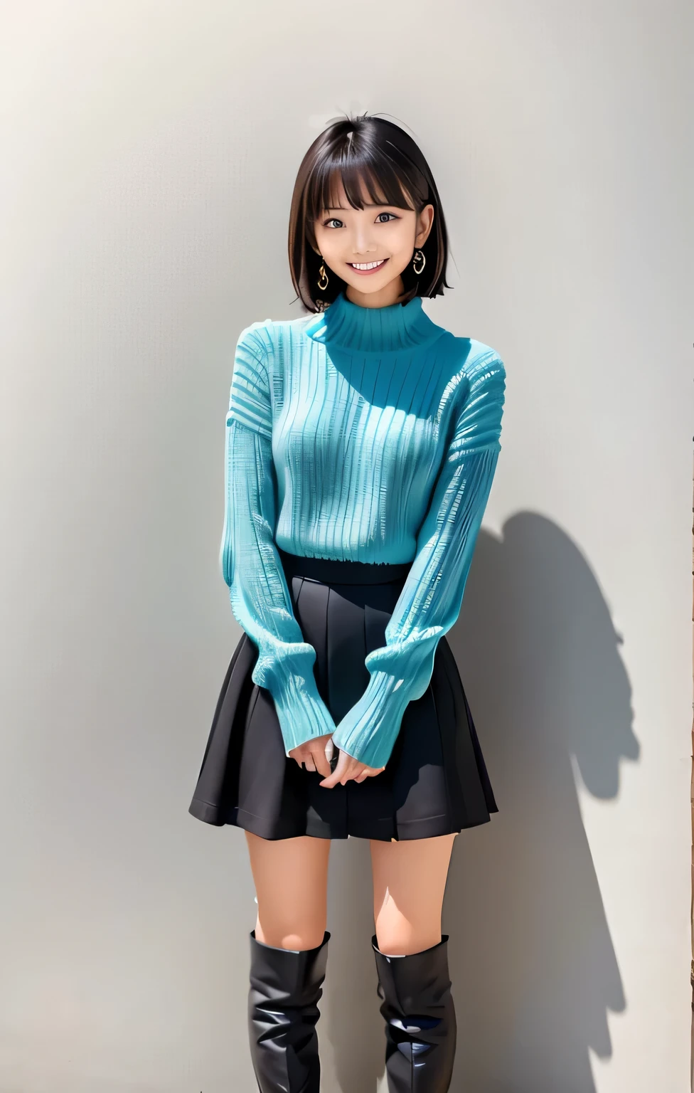 arafed woman in a blue sweater and black skirt posing for a picture, blue sweater, sky blue, Chiho, kimi takemura, pale, Light blue, pastel blue, blue clothes, Light blue, with short hair, sayori, reluvy5213, shikamimi, blue sky, wind pictures, kneel in knee high boots