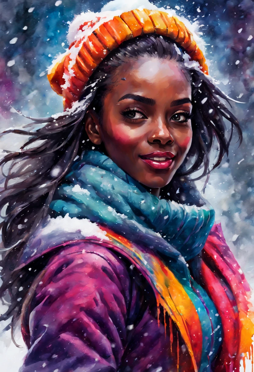 Garota de ébano aproveitando a queda de neve, roupa colorida de inverno se destaca, Cena enérgica e animada.
Estilo de Gabriele Dell&#39;otto, Meio da jornada de IA, cores saturadas brilhantes, aquarela, pinturas à óleo,   HDR, 500 pixels, 4K,