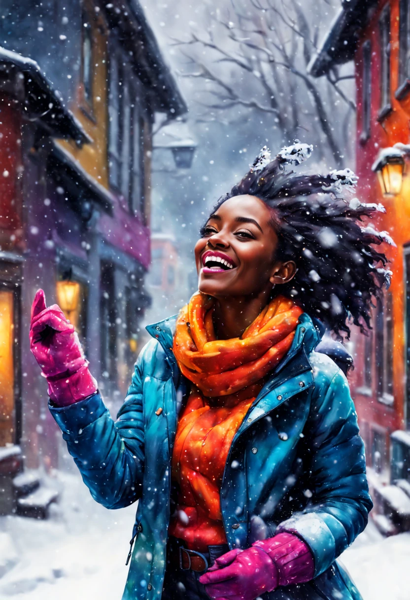 Ebony girl enjoying snowfall, colorful winter outfit stands out, energetic and lively scene.
Style by Gabriele Dell'otto, AI Midjourney, bright saturated colors, watercolor, oil paints,   HDR, 500px, 4k,