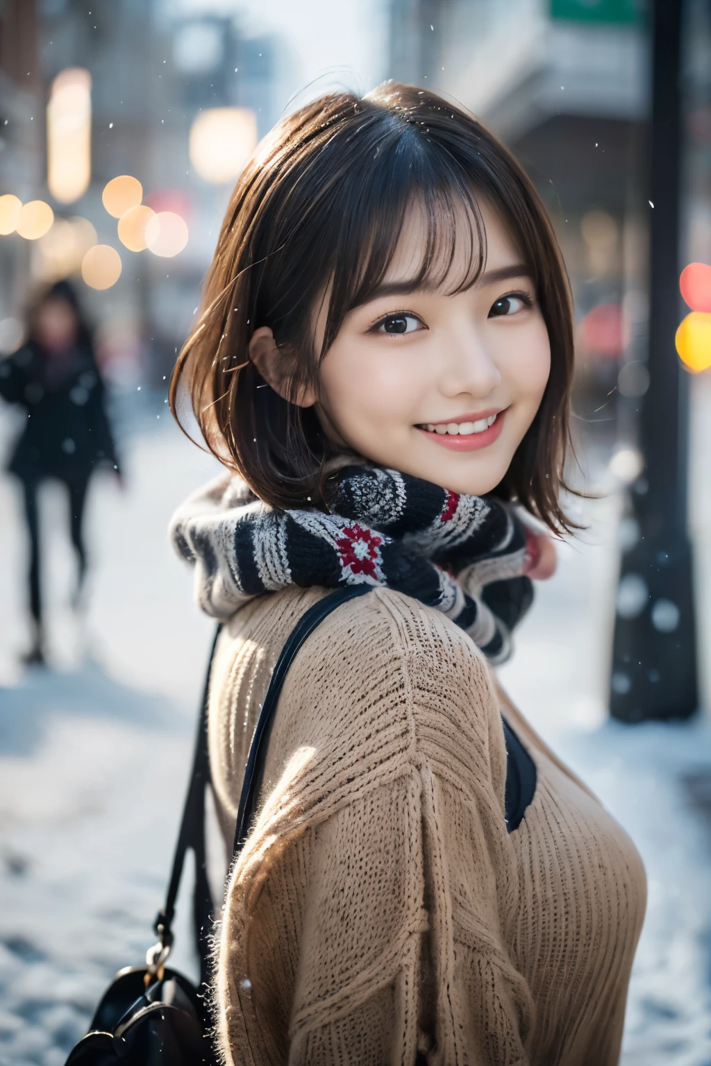 (one girl、she has a gift box in her hand、she has a shy smile、hair is blowing in the wind.。 :1.3)、(Christmas illumination and snowy winter night street corner:1.5)、(perfect anatomy:1.3)、(no mask:1.3)、(full finger:1.photorealistic、photograph、table top、highest quality、High resolution, delicate and beautiful、perfect face、Delicate and beautiful skin around the eyes、real human skin、pores、(black hair),((No makeup))、(realistic、Photoreal、super detailed、best detailed skin、highest quality、masterpiece、超A high resolution)、cute japanese woman、、high school girl、young girl、1 girl、have bangs、double eyelid、drooling eyes、big black eyes、attractive、purity、cute smile、natural smile、watch here、realistic skin type、thick muffler、knit sweater fluffy hair、((scarf hair))、The wind is blowing、It&#39;s snowing、illumination、lighting from behind、Medium Bob Cut、don&#39;t show your ears，eyes are big，slightly sagging eyes，No makeup，((big breasts))，((voluminous bust))