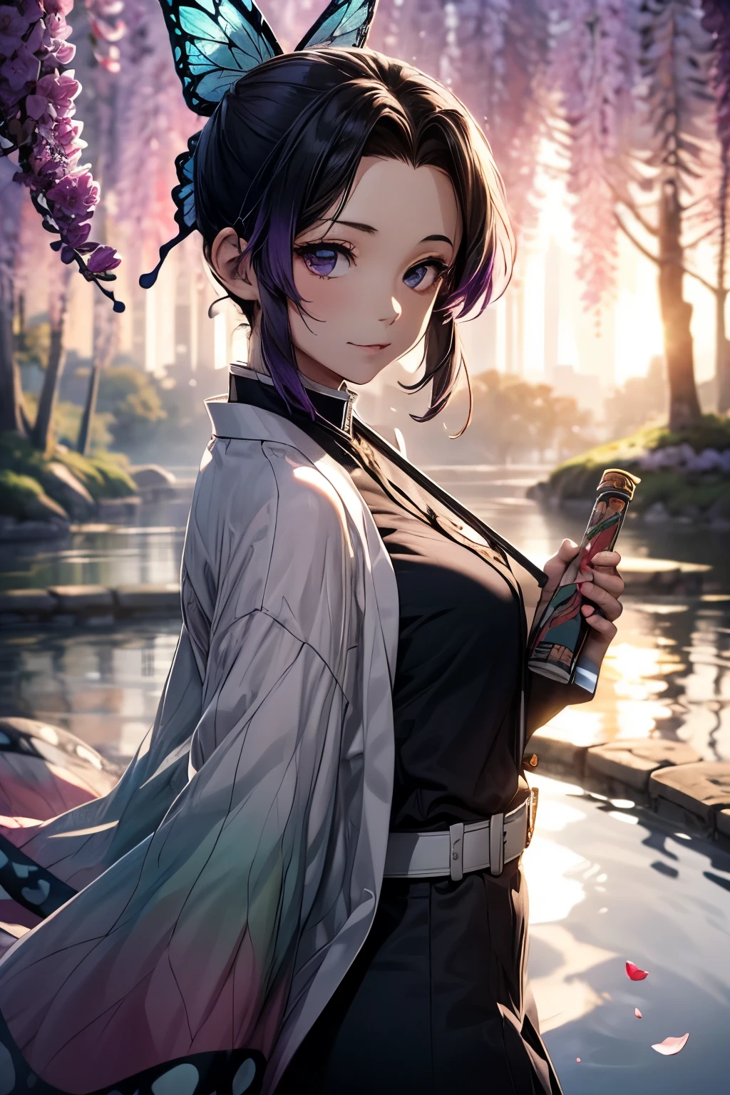 Extremely detailed and high-resolution masterpiece of Kocho Shinobu, the beautiful and deadly Demon Slayer in dynamic action. Add emphasis on the intricate details of her butterfly-themed outfit and the fierce expression on her face. Set the scene at twilight, with a serene pond and cherry blossom petals in the background. Use rich colors and volumetric light to create a sense of ethereal beauty and power.