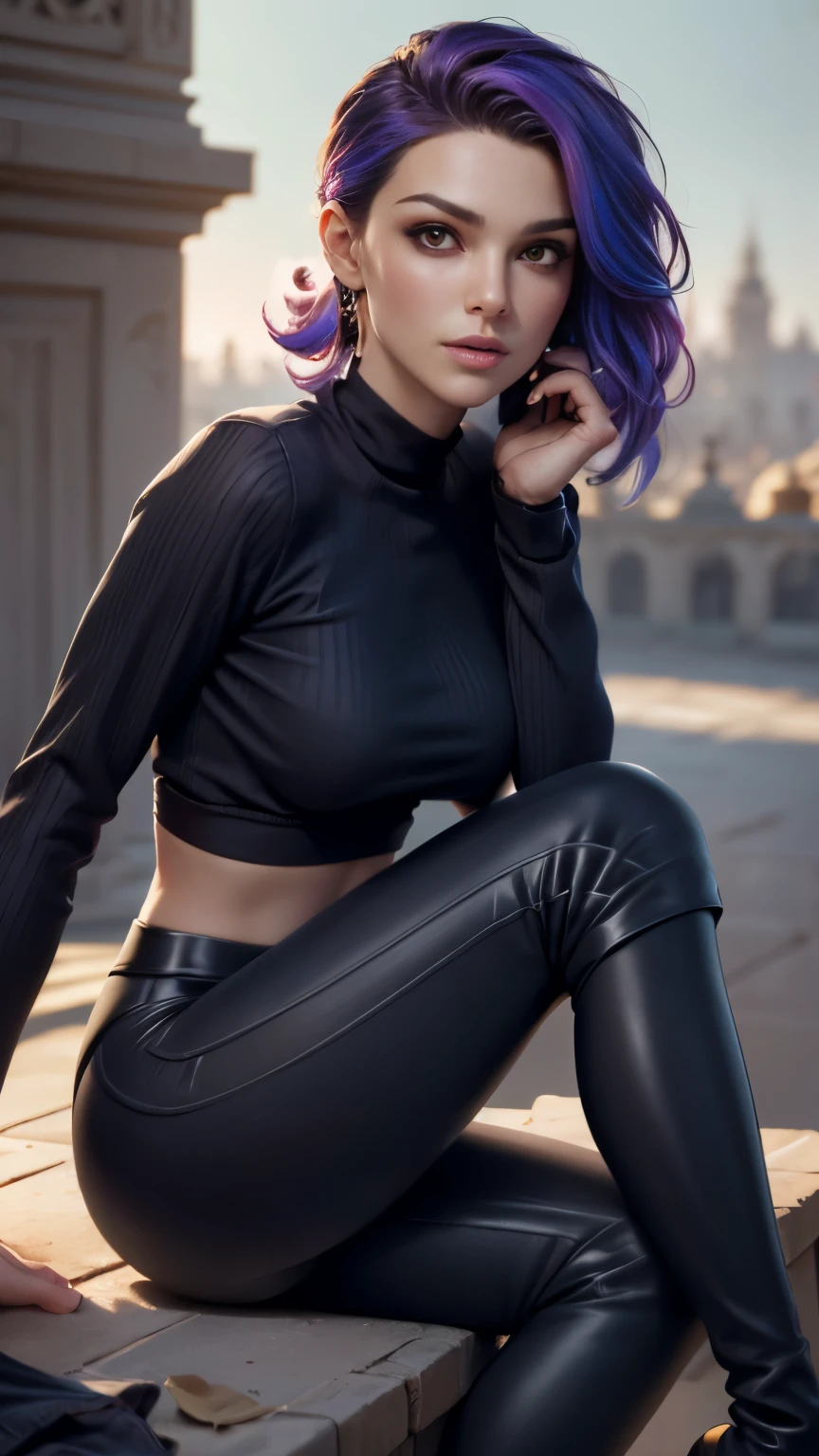 photo of celebrity, RAW, beautiful woman, ((portrait)), ((detailed face, colorful rainbow hair:1.2)), ((detailed facial feature, detailed skin, clear skin, parted lips), (perfect proportioned body, medium breasts, side boob), (wearing tight long sleeve shirt, knee high boots, leggings: 1.5)), (sitting in high detailed courtyard with palace background: 1.3), (side profile, realistic photo, best quality, detailed), (8k wallpaper), (cinematic lighting, dramatic lighting) (sharp focus, intricate)