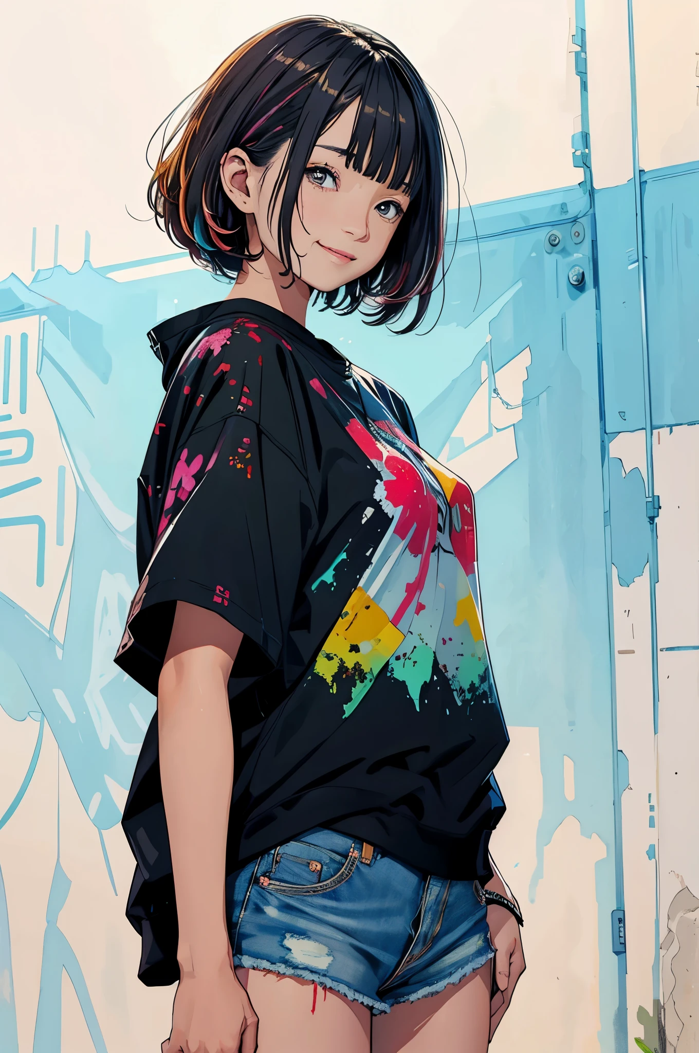 Anime girl with short hair and a black shirt standing in front of a wall -  SeaArt AI