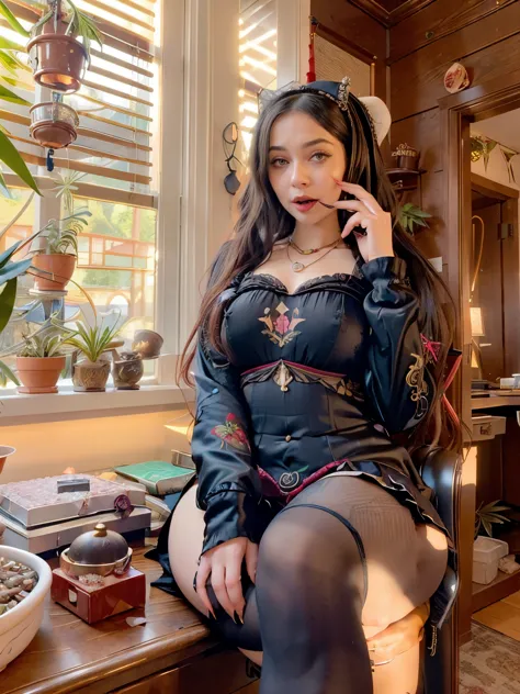 there is a (curvy) beautiful aroused young Italian lolita ((goth lawyer)) with long wavy vermilion hair sitting on expensive office chair (while taking selfie), (panting erotic expression while touching vulva) in a study room, (mess of herbal joints and mo...