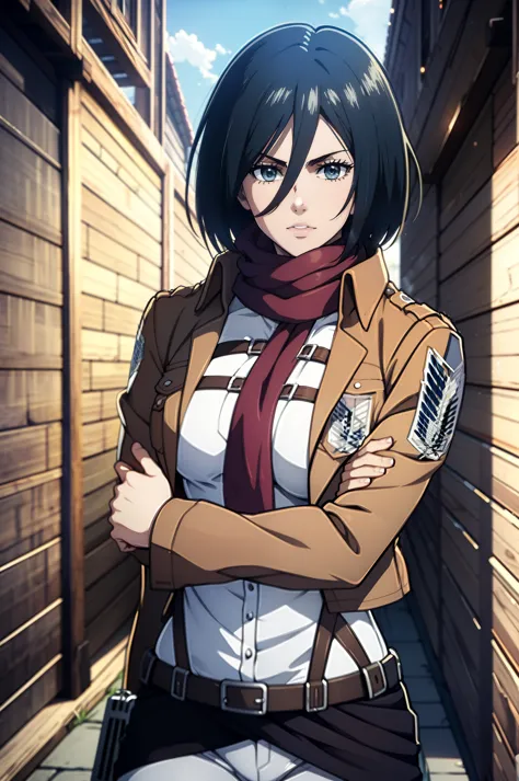 aot style, Shingeki no Kyojin, mikasa ackerman, 1girl, Hand strap, quiff, black  hair, Black pants, chest, Cowboy shot, Coals, green colored eyes, gray background, Hair between the eyes, turnstile, long sleeves, looks at the viewer, Average Breasts,, breeches, red scarf, a scarf, Shirt, Short Hair Hair, Smoke, solo, hip belt, brown jacket, white  shirt, Scientific Research Building \(Emblem\), ((tmasterpiece)), beste-Qualit, Sex, hooligan, waist, legsupms, buttocks, chest, (Body Full 1.1), Camera from above, Frame from above, the night, Lights, looks at the viewer, ssmile, grin, criminal, laughting,   Cool anime 8K, Clean and detailed anime art, 4K Manga Wallpapers, Подробный портрет Anime Girl, Anime 4K Style, Anime Art Wallpapers 4K, Anime Art Wallpaper 4K Masterpiece, Gorgeous, Best Quality,