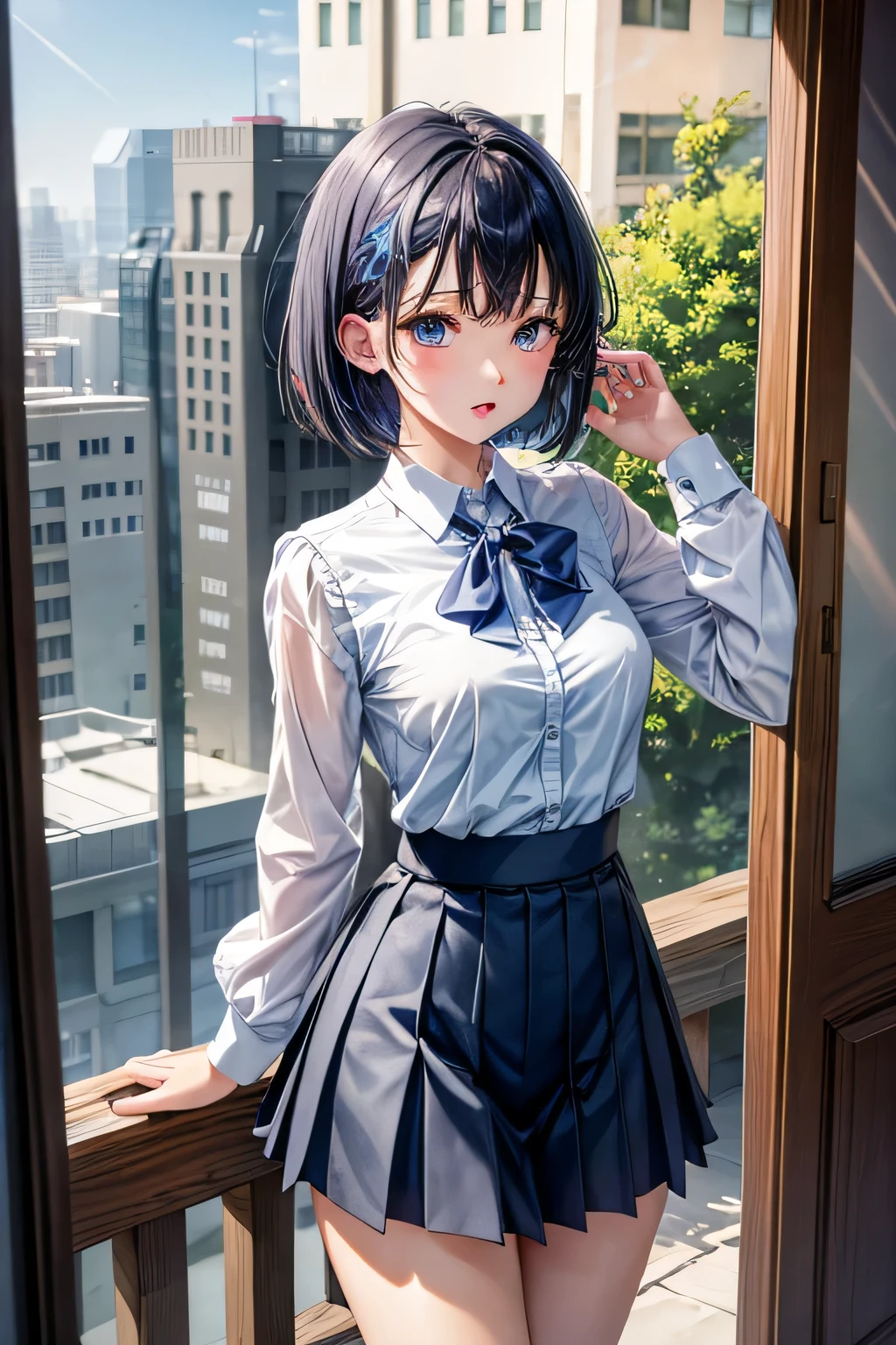 (masterpiece, highest quality:1.2), 1 girl, alone, Akane Kurokawa, 1 girl, dark blue hair, medium hair, One-length bob, Add some bangs to brighten your face, Hair ends remain thick overall. , blue eyes, green eyes, school uniform, white collared shirt, shirt with buttons,vest, blue tie, gray pleated skirt,rolled up skirt、sexy pants、naked clothes、E cup breasts、small nipples、small areola、Breasts are fully visible