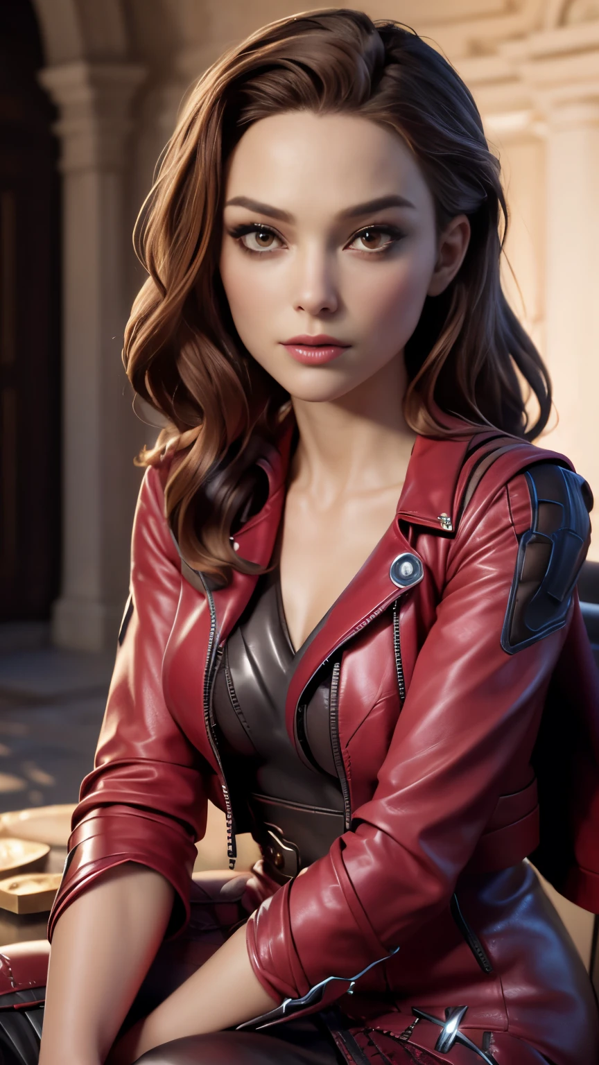 photo of celebrity, RAW, beautiful woman, ((portrait)), ((detailed face, colorful rainbow hair:1.2)), ((detailed facial feature, detailed skin, clear skin, parted lips), (perfect proportioned body, medium breasts, cleavage), (wearing scarlet witch cosplay, avengers, wearing black lace dress, open red leather jacket: 1.5)), (sitting in high detailed courtyard with palace background: 1.3), (realistic photo, best quality, detailed), (8k wallpaper), (cinematic lighting, dramatic lighting) (sharp focus, intricate)