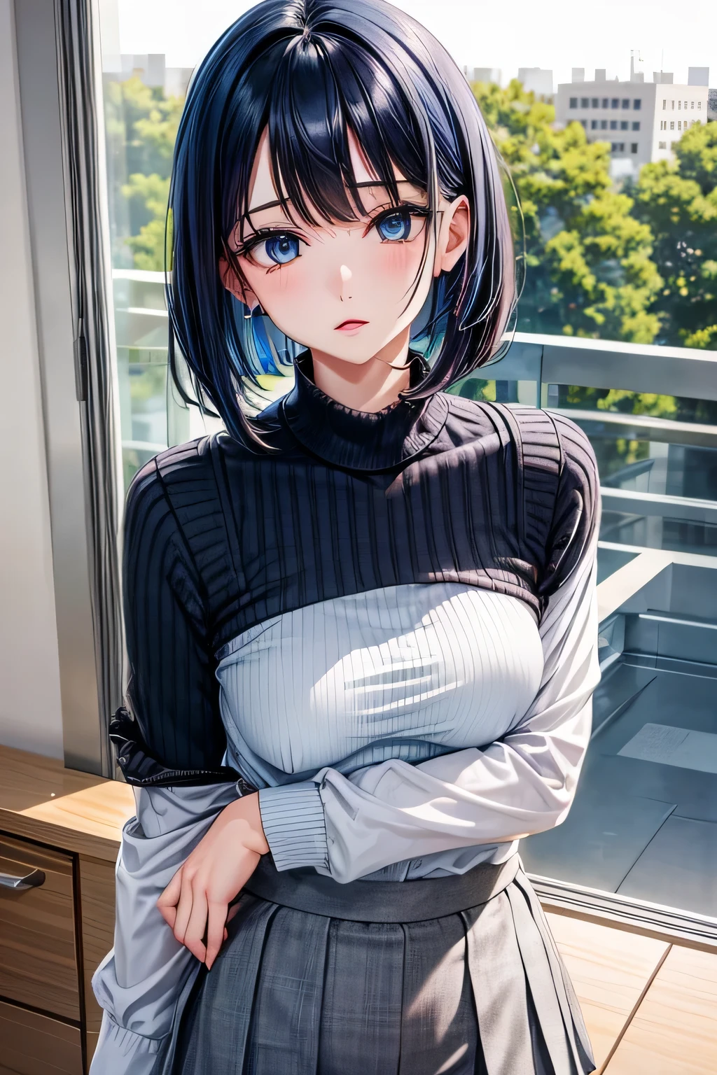 (masterpiece, highest quality:1.2), 1 girl, alone, Akane Kurokawa, 1 girl, dark blue hair, medium hair, One-length bob, Add some bangs to brighten your face, Hair ends remain thick overall. , blue eyes, green eyes, , blue tie, gray pleated skirt,rolled up skirt、sexy pants、E cup breasts、small nipples、small areola、Breasts are fully visible