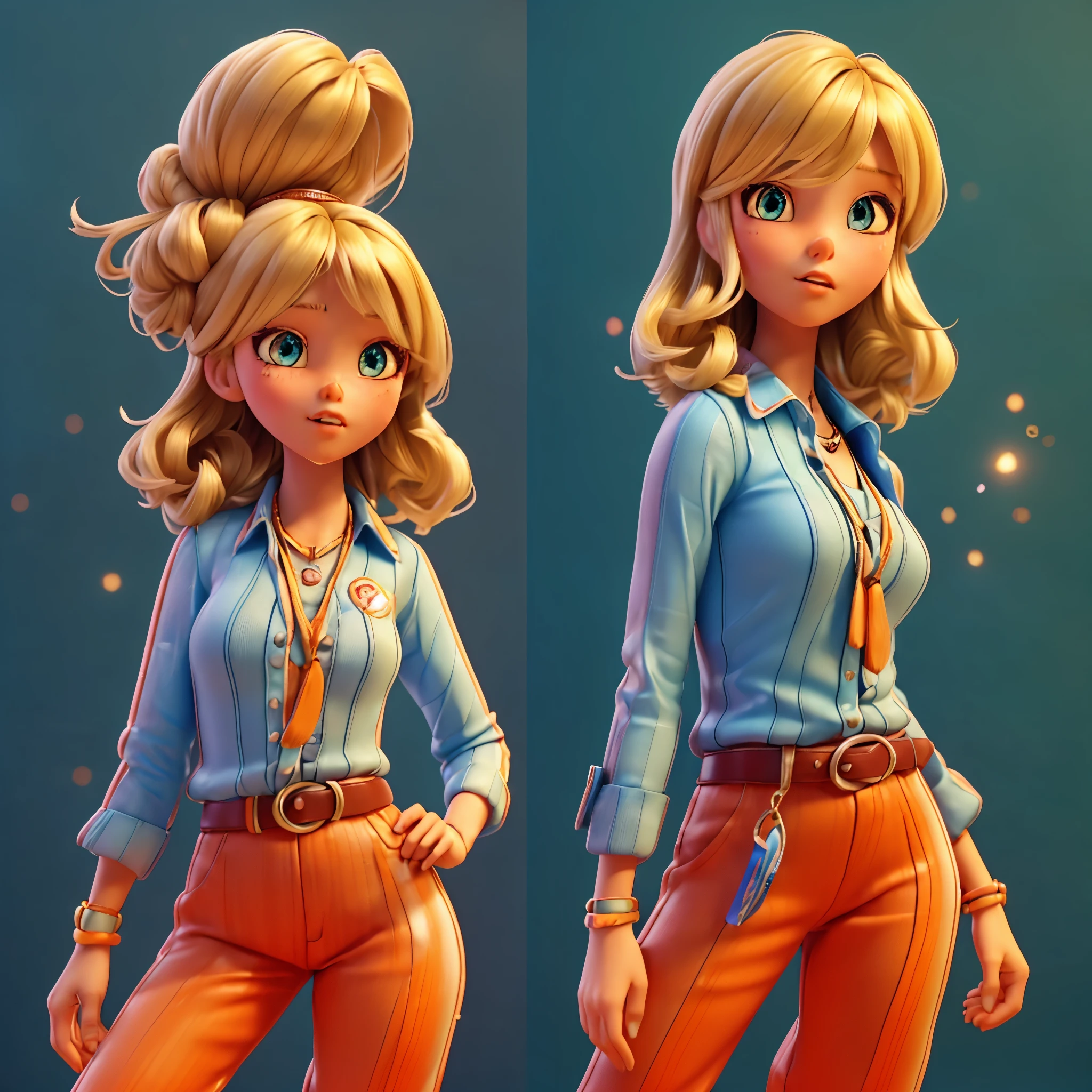 (Ultra-detailed eyes), (((textile shading))), (((Best Quality))), (((masutepiece))), (((Ultra-detailed CG))), sassy girl, (((magical ))), (), (tiny chest), blonde hair, blonde hair, blonde hair, pin up emo, ((gorgeous hair)), Pink eyes, (((retro style, vibrant orange trousers, paired flawlessly with a striking Tape logo patch-detail belt, y2k))), ((striking a pose)), (((Game CG)) (gorgeous, sassy, it girl), fancy jewelry, full led on background, sparkling led on background, retro light tourmaline, retro vibe , light retro led, magic disco light led, strong 80s atmosphere, cowboy shot, midshot, centered image, eye on camera, front look, absolutely outstanding image, bite her lip, reflection, varied multi etc. --v6 --s1000 --c20 --q5 --chaos100