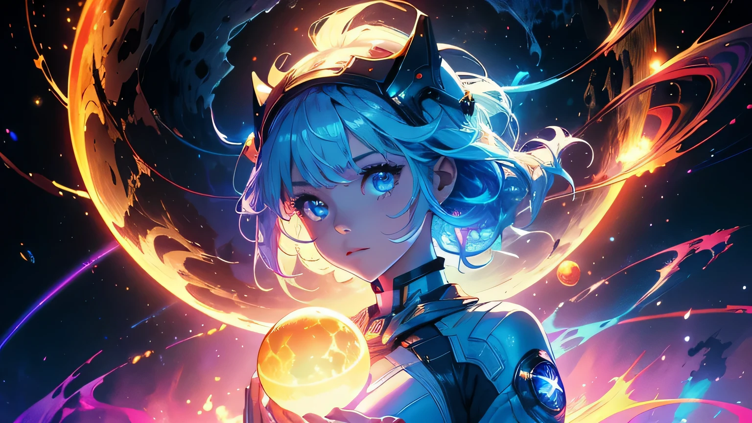 (masterpiece), best quality, a cute girl floating in the space holding a planet, ((holding)), sphere, ((glow, planet glow)), perfect face, expressive eyes, space suit, austronaut helmet, spiral galaxy, astronomy wallpaper, happy, colorful, exciting, gorgeous, blue giant star, cowboy shot, cosmic, cosmos 4k, shiny, perfect light, glowing sphere BREAK is a cute girl on space, she is holding a glwoing sphere with the two hands, she is wearing a white space suit, she has blue hair, red eyes, red giant star, sun like star, shine, BREAK vivid colors, bright,shiny, cool colors, dramatic lighting, artistic, creative, digital art, wallpaper, (glowing eyeagical, impossible, good vibes, good emotions, adventure, (solo, alone,1girl)\