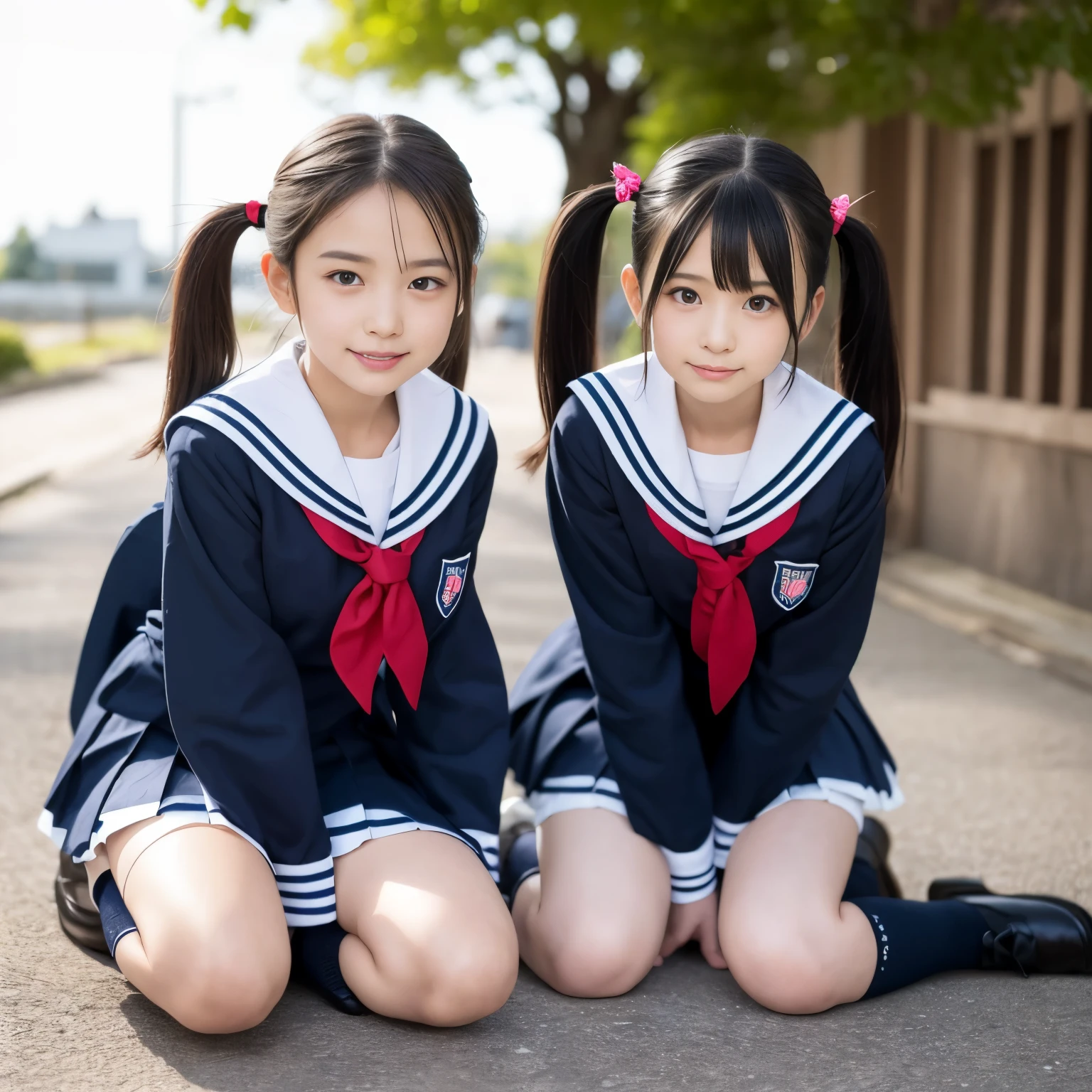 miraculously cute girl,5-people、Japanese,12 years old,、mini skirt、きちんとしたsailor suit、white knee socks、loafer shoes、realistic、ultra high resolution、full body display、sleep,girl in uniform、 日本のschool uniform, seifuku, Japanesee girl school uniform, wearing Japanesee school uniform, sailor suit, twin tails, Kantai Collection Style, school uniformを着ている, school uniformを着ている, JK uniform, official artwork, school uniform, a-1 photo,（full body display）