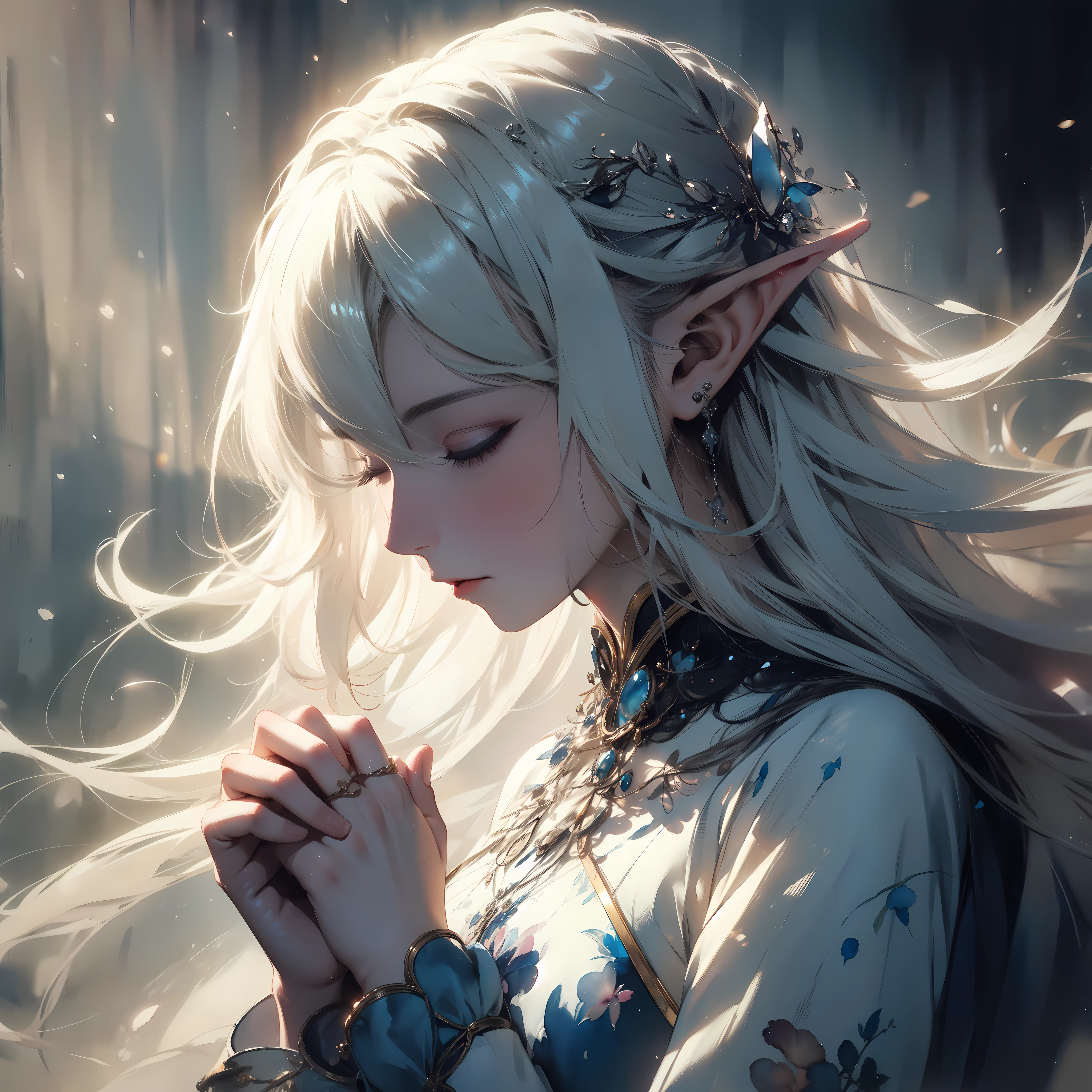 A poignant depiction of an white-hairs elf girl deep in thought, contemplating the fate of her family with concern and worry, style by mikimoto Haruhiko, (emotional depth), dynamic pose, perfect anatomy, centered, approach to perfection, cell shading, 8k, cinematic dramatic atmosphere, watercolor painting, Cinematic lighting, closed eyes.