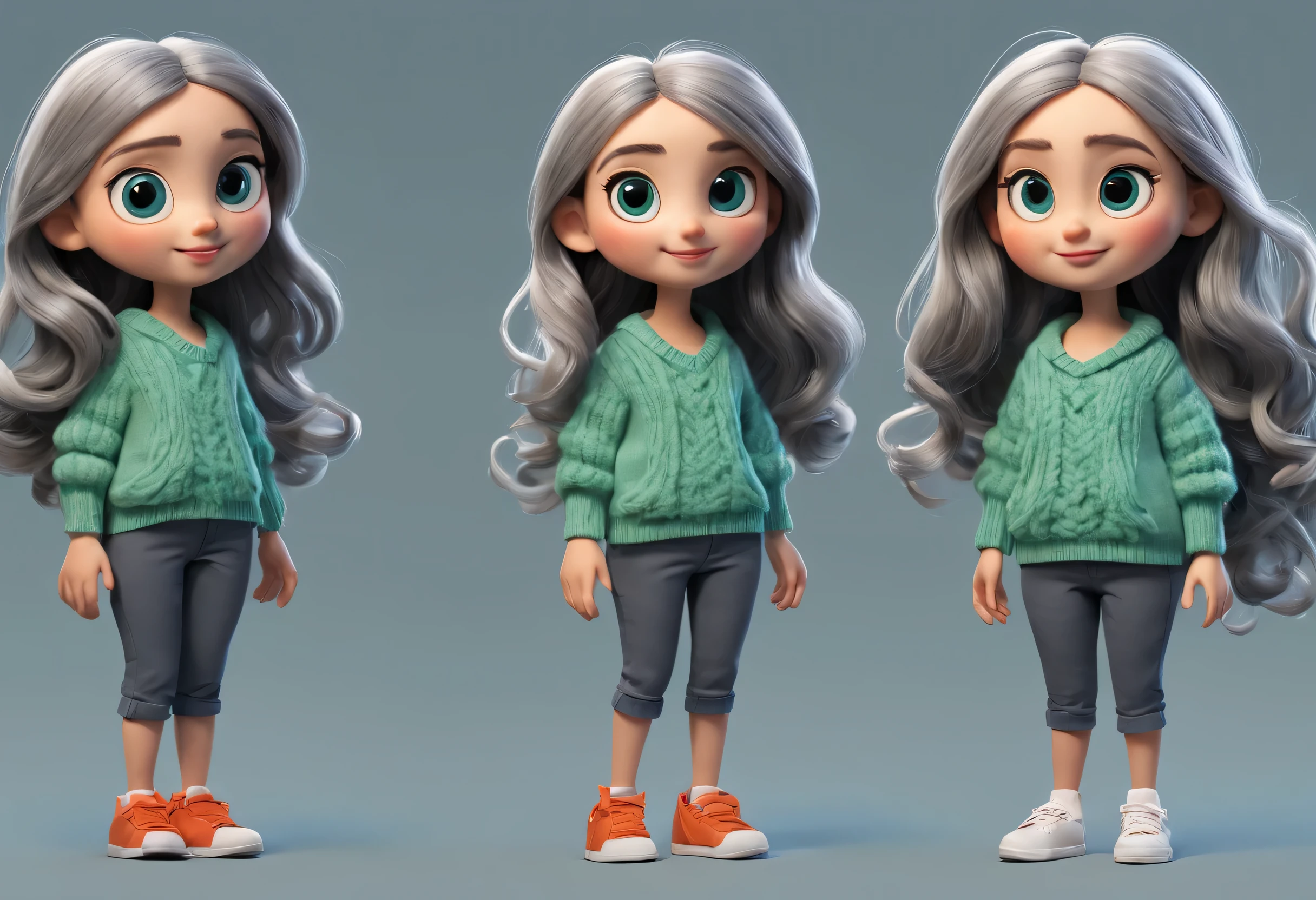 character design sheet, whole body, front, (same cartoon girl) the same cartoon girl, Walking humming, Wear different color designs, Beautiful face and big eyes, White extra-long curly hair, blue sweater, green sweater, gray sweater, gray baggy pants, black baggy pants, role conception, Unreal Engine, Pixar style, cartoon, 3d rendering, yarn art, puppet, detailed role conception, best quality, Ultra-detailed, 8k,