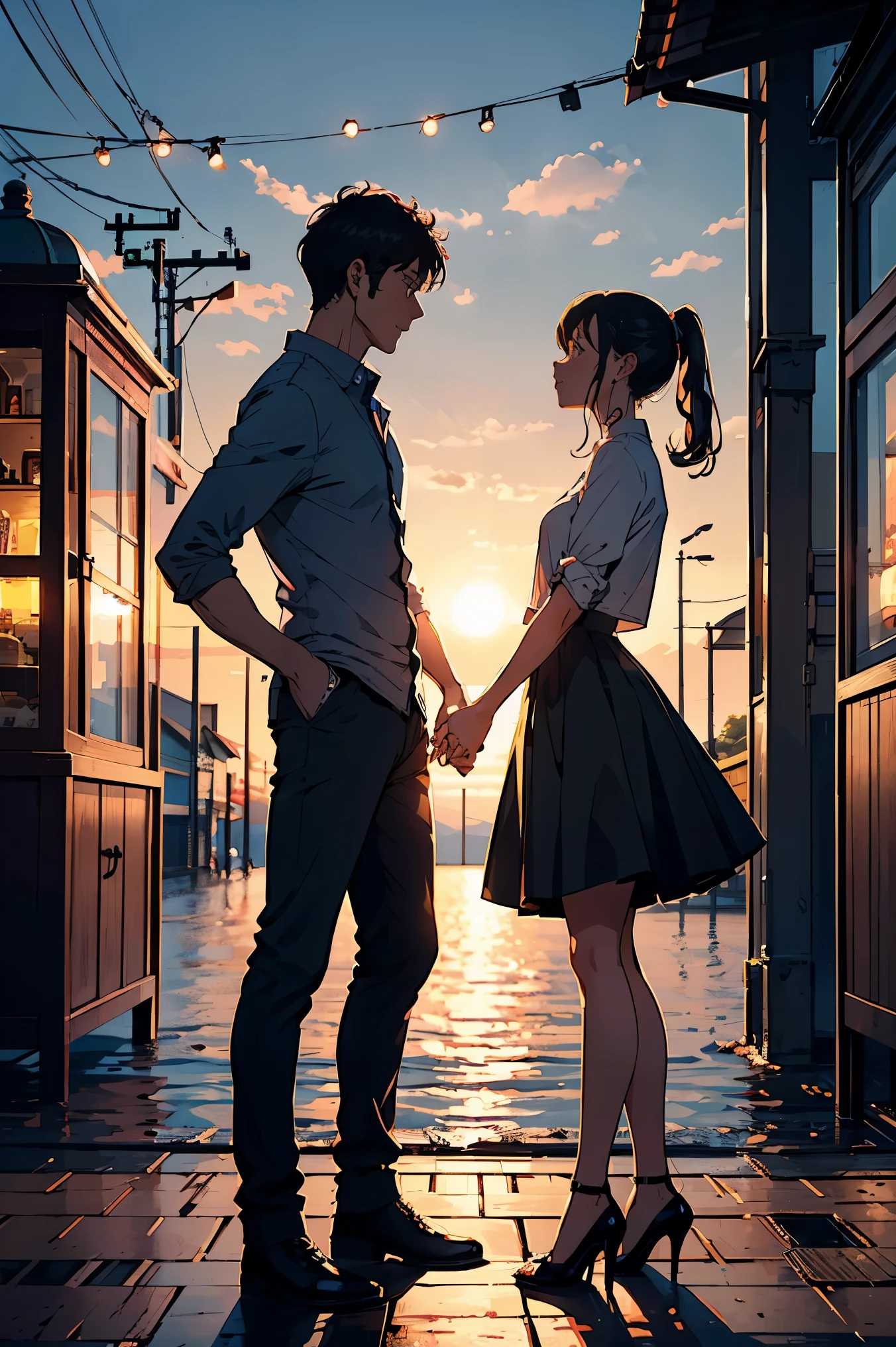 A man and a girl are standing near the house, ponytail girl, short hair man, 予期せぬkiss, 男の頬にkissする女の子, Girl in shirt and skirt, kiss, 予期せぬkiss on the cheek, highest quality, super detailed, romantic atmosphere, sunsetの色, warm and soft lighting, Lovers, Delicate and natural poses, soft wind, Light of the sun, peaceful and calm environment, happy couple enjoying the moment, Beautiful summer evenings, dreamy atmosphere, sunset, Couple in love, romantic date, love is in the air, 21st century, homes in the background