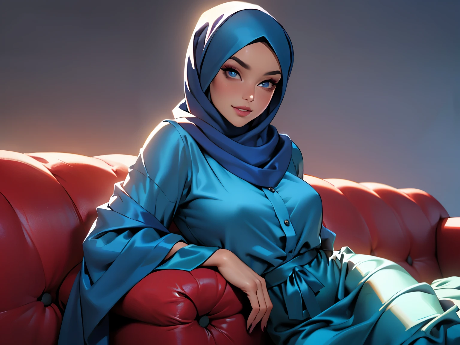 3dmm style, (Masterpiece), realistic, best quality, best lighting, extremely detailed artgerm, style artgerm, beautiful mature woman, 1 girl photo solo, beautifully makeup, eyeshadow, Parted Lips, Detailed Eyes, ((beautiful big eyes)), long eye lashes, dimples on the cheeks, smile, wearing ((Dark blue satin hijab)), loosely tide hijab style, ((Blue satin shirt and satin long skirt)), (Full-body portrait), lying on sofa, gray background.