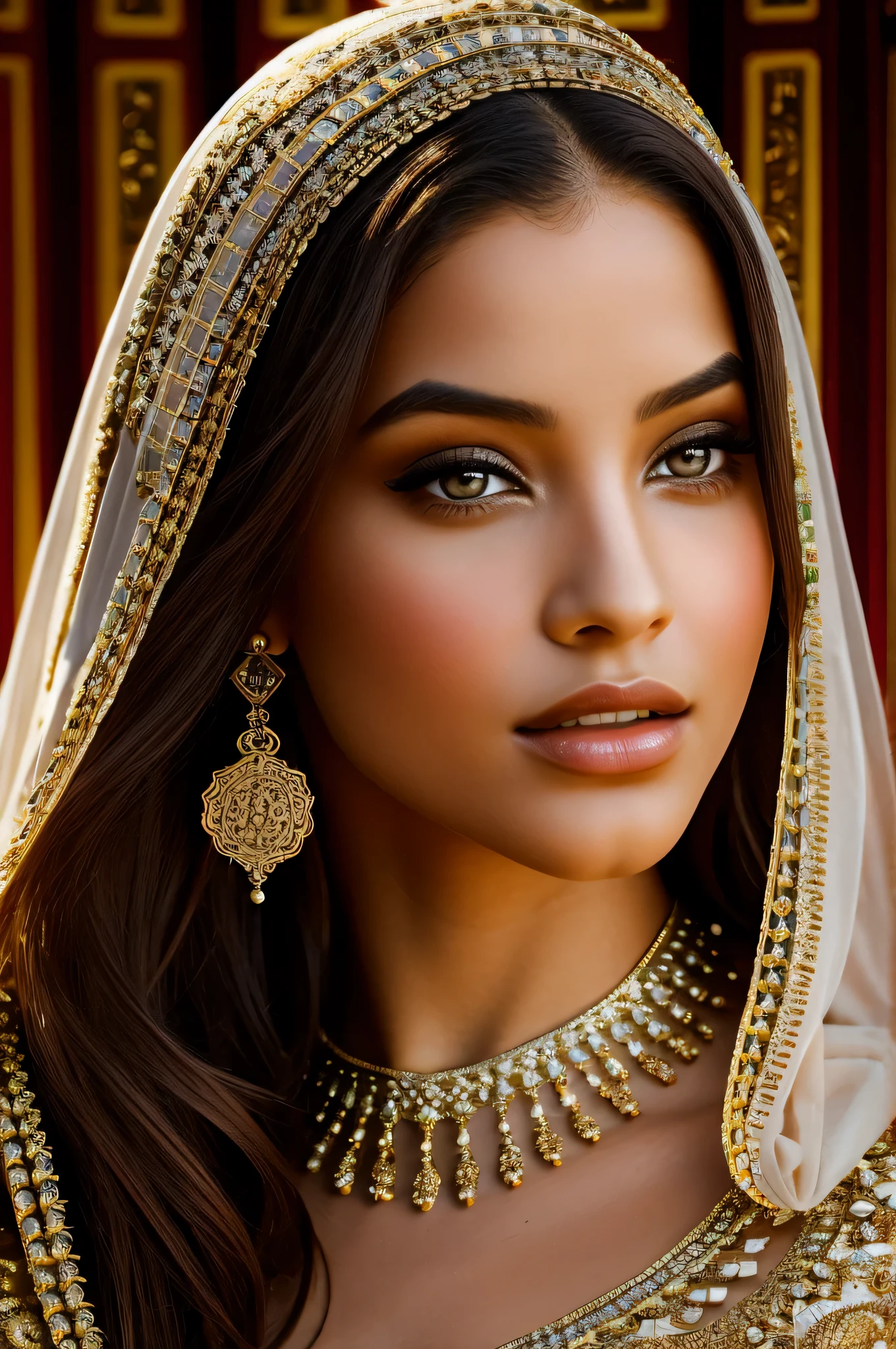 
stunning young woman with Moroccan heritage, cultural identity, beauty with intricate details, from the graceful curves of her traditional attire to the subtle nuances of her features that reflect both strength and grace ,olive-toned skin ,photography. closeup view