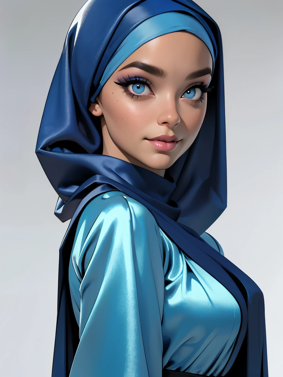 3dmm style, (Masterpiece), realistic, best quality, best lighting, extremely detailed artgerm, style artgerm, beautiful mature woman, 1 girl photo solo, beautifully makeup, eyeshadow, Parted Lips, Detailed Eyes, ((beautiful big eyes)), long eye lashes, dimples on the cheeks, smile, wearing ((Dark blue satin hijab)), loosely tide hijab style, ((Blue satin shirt and satin long skirt)), (Half-body quarter portrait), Front view, Standing Symmetric Centre, facing the viewer, gray background.