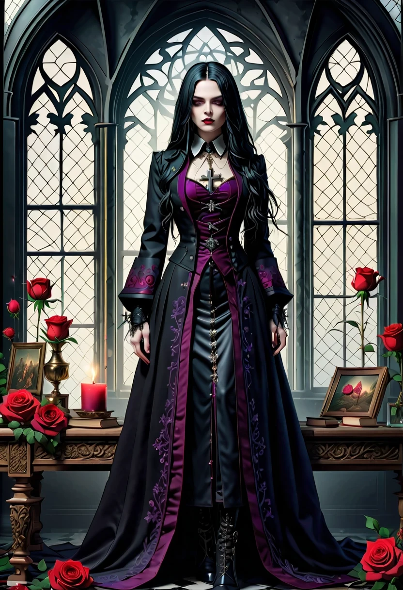 (Gothic character design sheet:1.5)，Character name:Avril Lavigne.dark night，18 years old，long black hair，purple eyes，Red or dark purple lace、Embroidery and other decorations。She was wearing a long black coat and a tight skirt，Show elegant and mysterious temperament。Wearing a silver cross、chain etc..，old magic book，Romantic roses，（orderly row:1.2，interval:1.2，no overlap:1.2），((clear lines，clean background，White background, ultra high definition, masterpiece, precise, anatomically correct, textured skin, Super detailed, high detail, best quality, 8k))