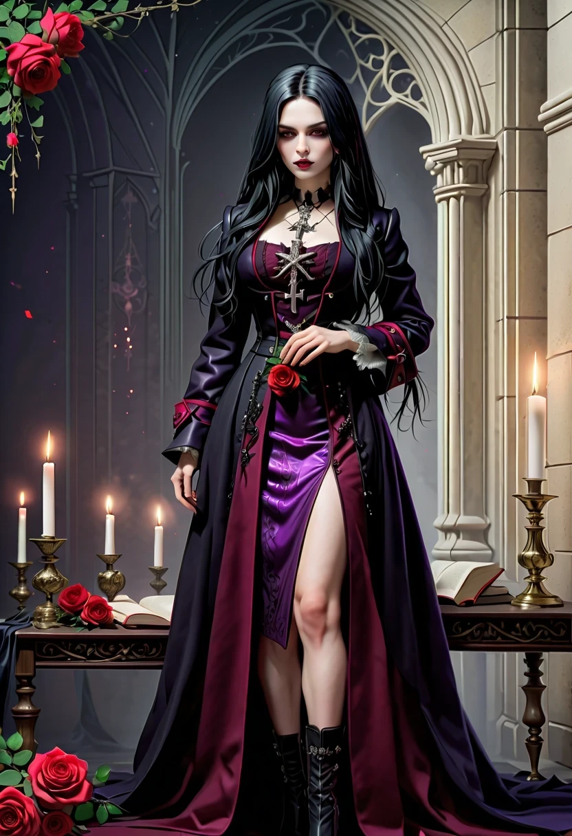 (Gothic character design sheet:1.5)，Character name:Avril Lavigne.dark night，18 years old，long black hair，purple eyes，Red or dark purple lace、Embroidery and other decorations。She was wearing a long black coat and a tight skirt，Show elegant and mysterious temperament。Wearing a silver cross、chain etc..，old magic book，Romantic roses，（orderly row:1.2，interval:1.2，no overlap:1.2），((clear lines，clean background，White background, ultra high definition, masterpiece, precise, anatomically correct, textured skin, Super detailed, high detail, best quality, 8k))