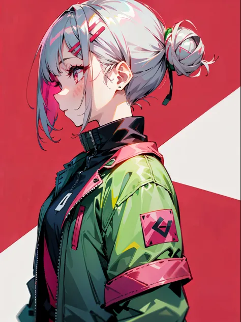 with one girl、short silver bob hair tied into a bun with a hair clip、pink eyes、profile、wear a rider&#39;s jacket、colors based on...