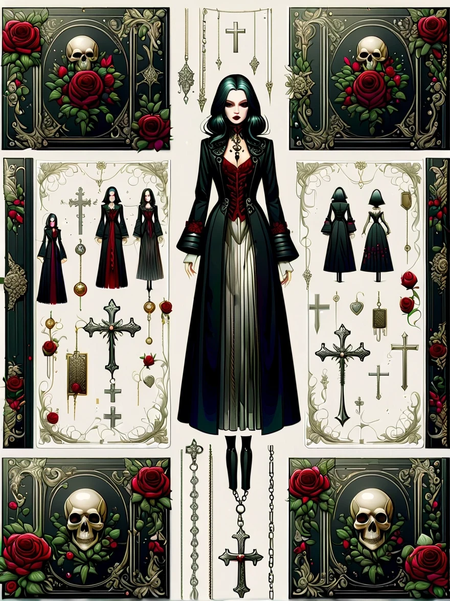 （Gothic character design sheet:1.5），(Scary dolls，Red or dark purple lace、Embroidery and other decorations。She was wearing a long black coat and a tight skirt，Show elegant and mysterious temperament。Wearing a silver cross、chain etc..，old magic book，Romantic roses，（orderly row:1.2，interval:1.2，no overlap:1.2），((clear lines，clean background，White background, ultra high definition, masterpiece, precise, anatomically correct, textured skin, Super detailed, high detail, best quality, 8k))