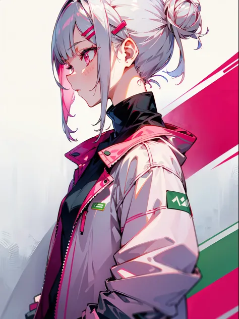 with one girl、short silver bob hair tied into a bun with a hair clip、pink eyes、profile、wear a rider&#39;s jacket、colors based on...