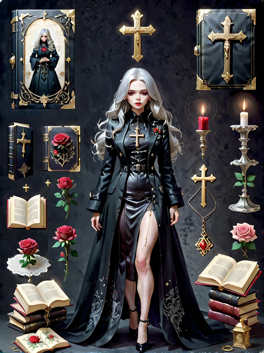 （Gothic character design sheet:1.5），(Scary dolls，Red or dark purple lace、Embroidery and other decorations。She was wearing a long black coat and a tight skirt，Show elegant and mysterious temperament。Wearing a silver cross、chain etc..，old magic book，Romantic roses，（orderly row:1.2，interval:1.2，no overlap:1.2），((clear lines，clean background，White background, ultra high definition, masterpiece, precise, anatomically correct, textured skin, Super detailed, high detail, best quality, 8k))