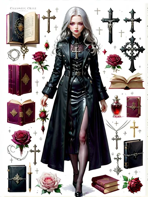 （Gothic character design sheet:1.5），(Scary dolls，Red or dark purple lace、Embroidery and other decorations。She was wearing a long...