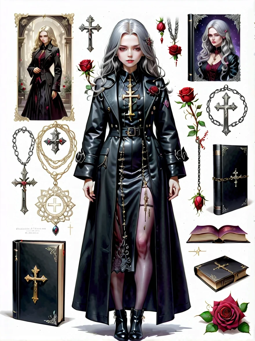 （Gothic character design sheet:1.5），(Scary dolls，Red or dark purple lace、Embroidery and other decorations。She was wearing a long black coat and a tight skirt，Show elegant and mysterious temperament。Wearing a silver cross、chain etc..，old magic book，Romantic roses，（orderly row:1.2，interval:1.2，no overlap:1.2），((clear lines，clean background，White background, ultra high definition, masterpiece, precise, anatomically correct, textured skin, Super detailed, high detail, best quality, 8k))