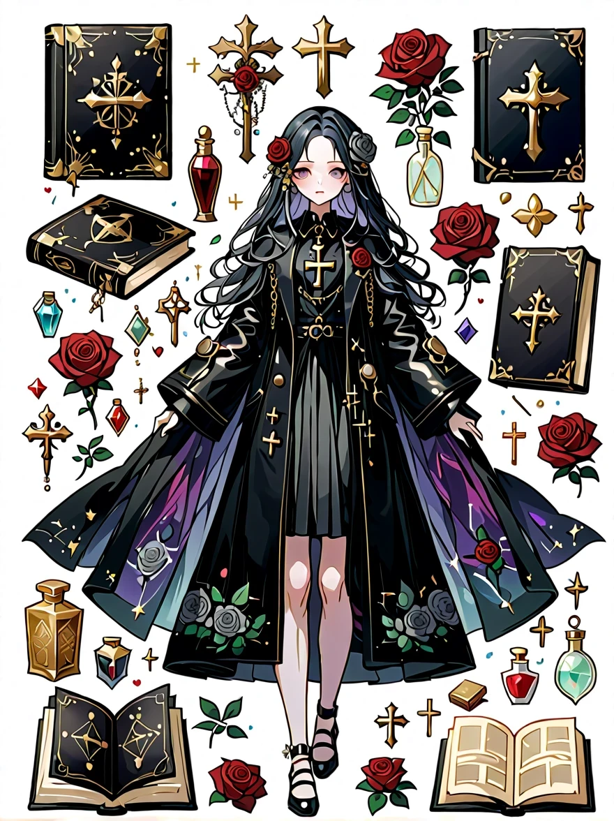 （Gothic character design sheet:1.5），(Scary dolls，Red or dark purple lace、Embroidery and other decorations。She was wearing a long black coat and a tight skirt，Show elegant and mysterious temperament。Wearing a silver cross、chain etc..，old magic book，Romantic roses，（orderly row:1.2，interval:1.2，no overlap:1.2），((clear lines，clean background，White background, ultra high definition, masterpiece, precise, anatomically correct, textured skin, Super detailed, high detail, best quality, 8k))